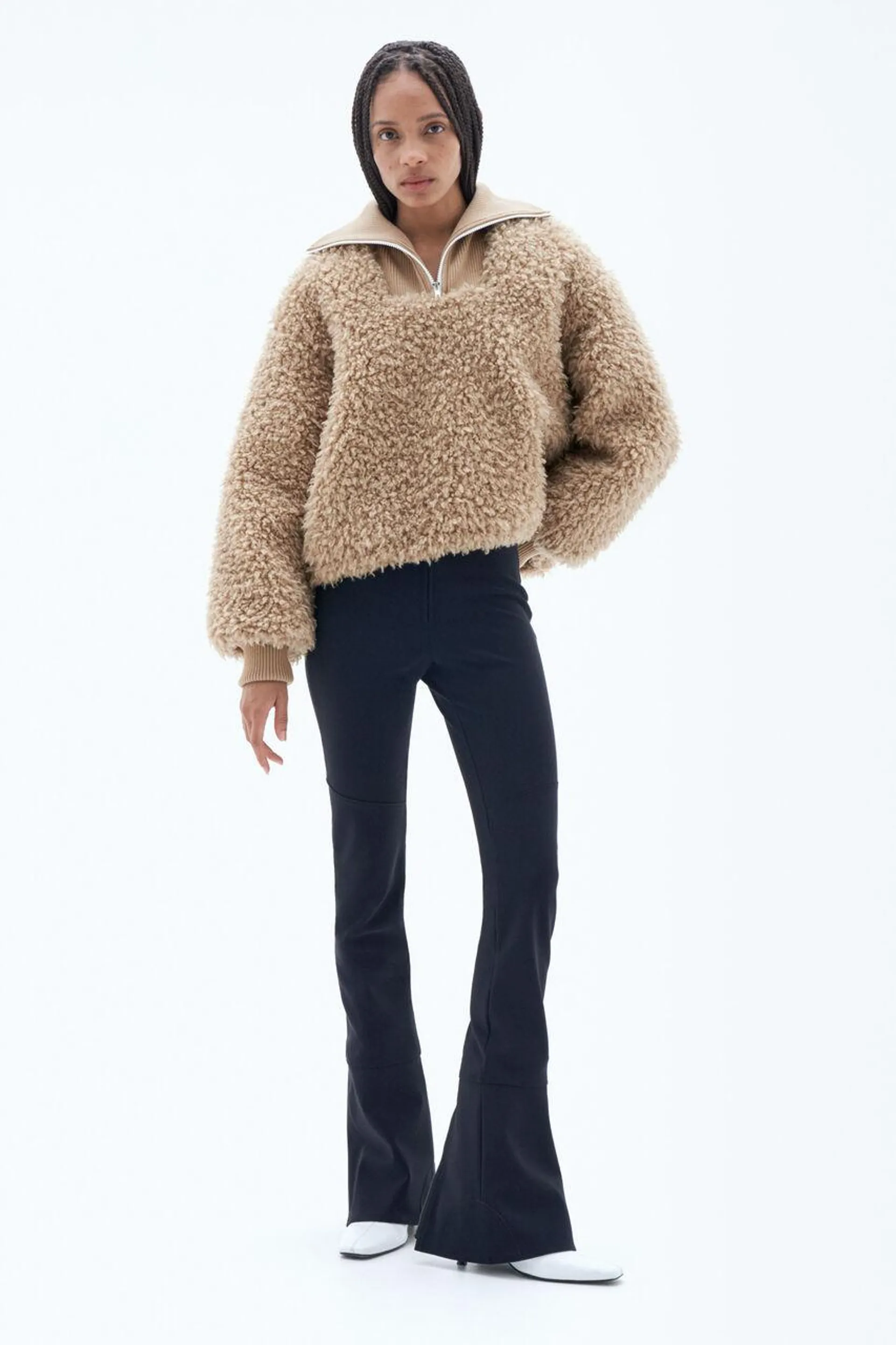 Half Zip Faux Fur Jacket Sand Beige