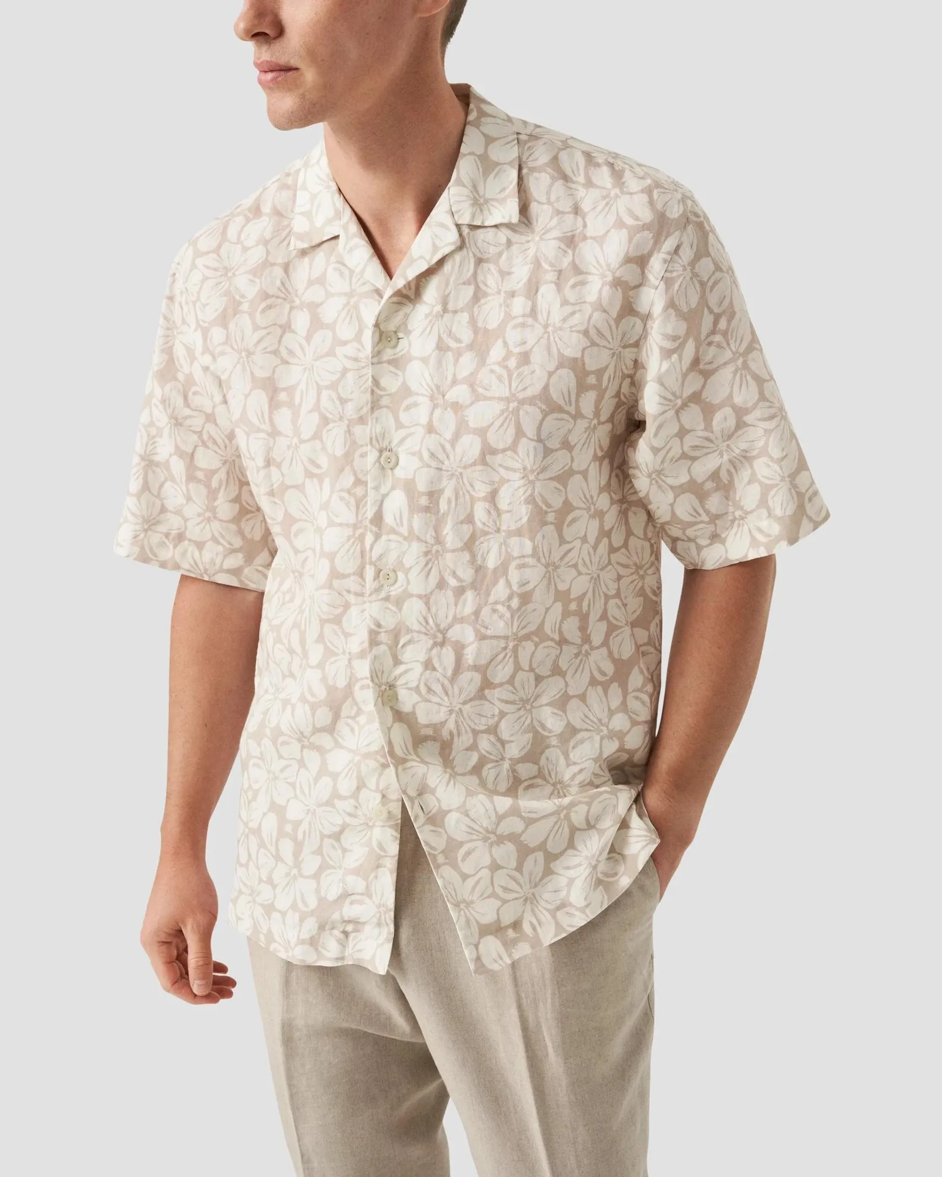 Light Brown Floral Print Linen Resort Shirt