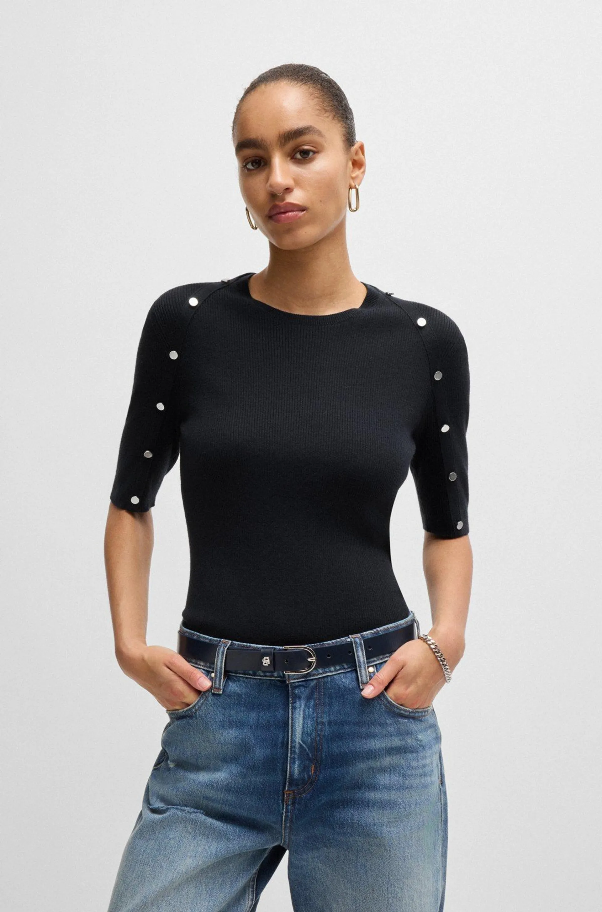 Knit t-shirt in stretch fabric with hardware details