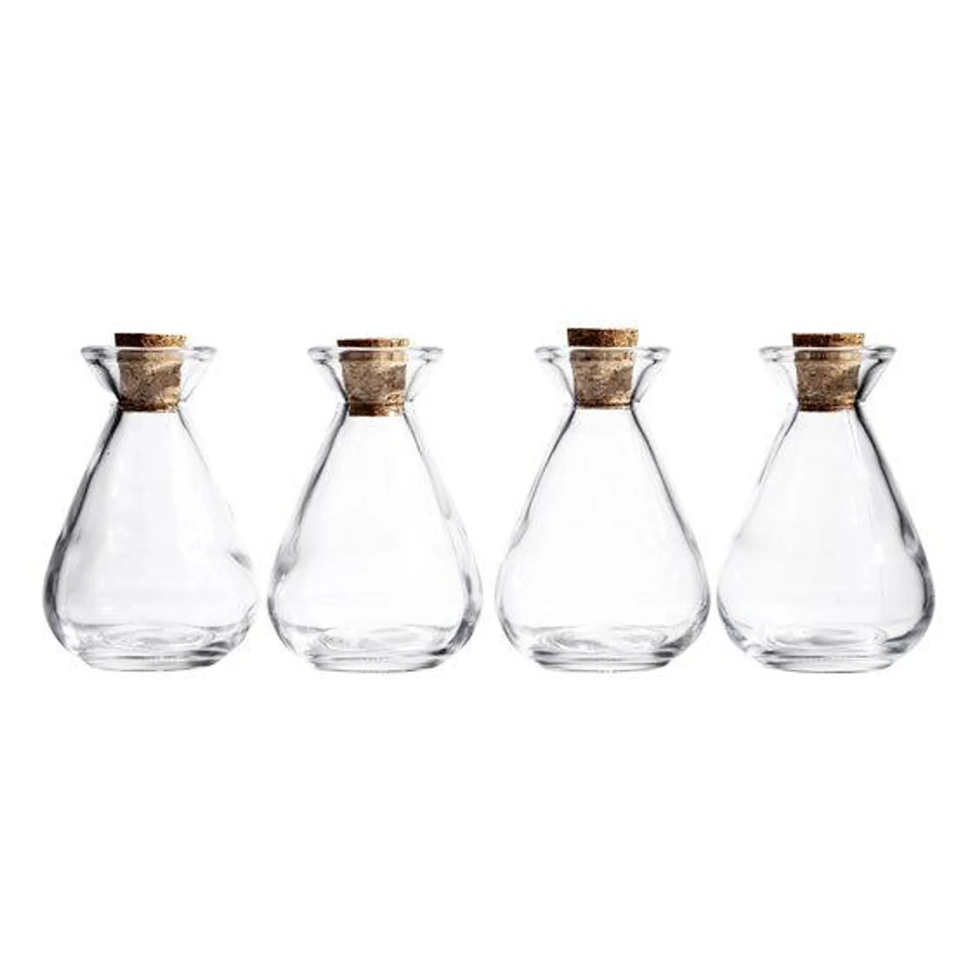 Glassflasker med kork 4-pakning, høyde 10,5 cm, diameter 7 cm, rommer 150 ml