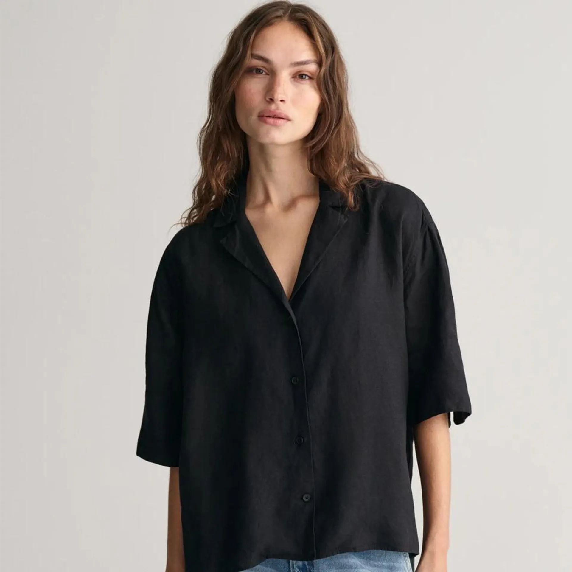 Relaxed Short Sleeve Linen Shirt - Ebony Black