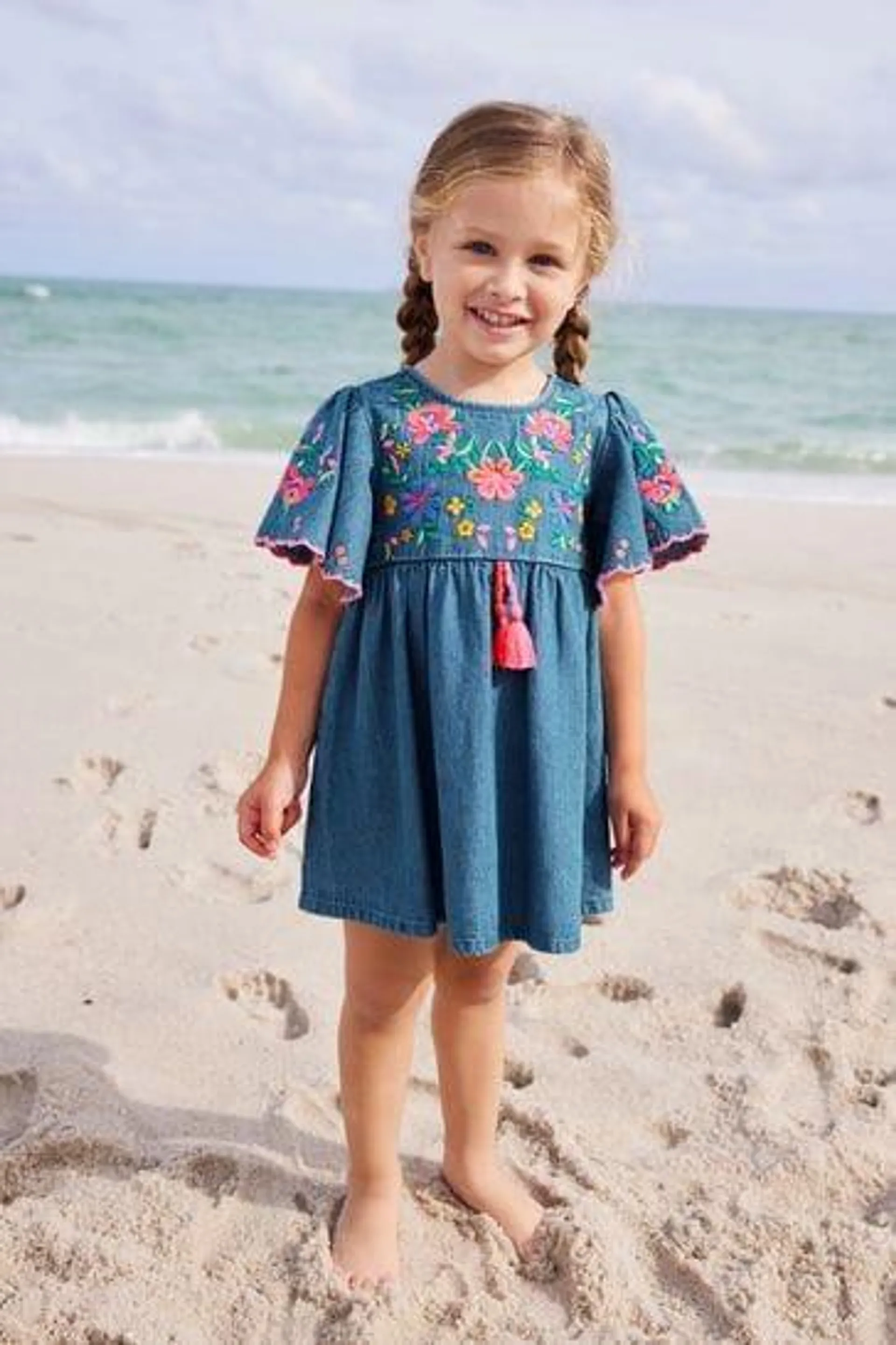 Blue Denim Embroidered Kaftan Dress (3mths-10yrs)