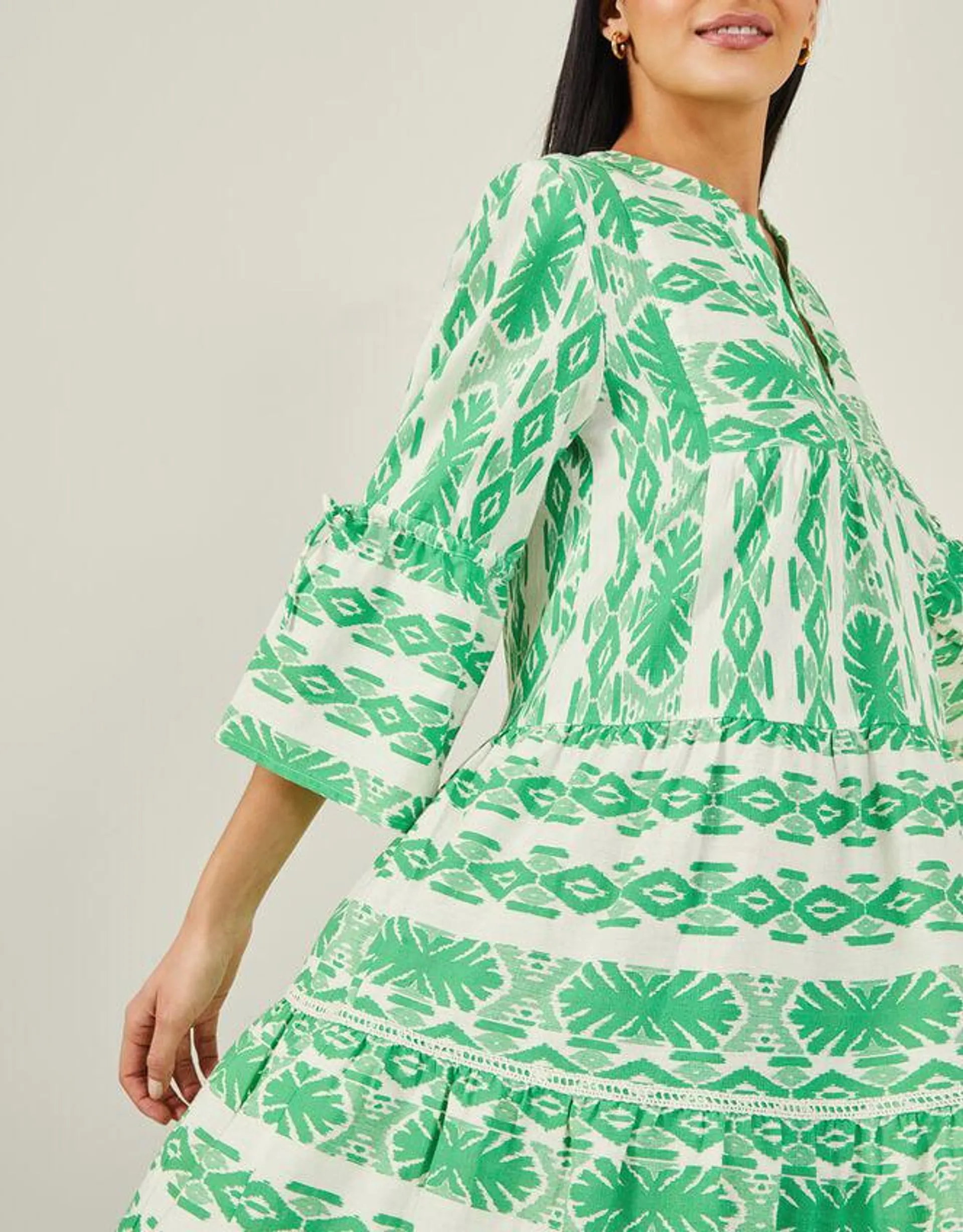 Print Jacquard Flute Sleeve Dress Green
