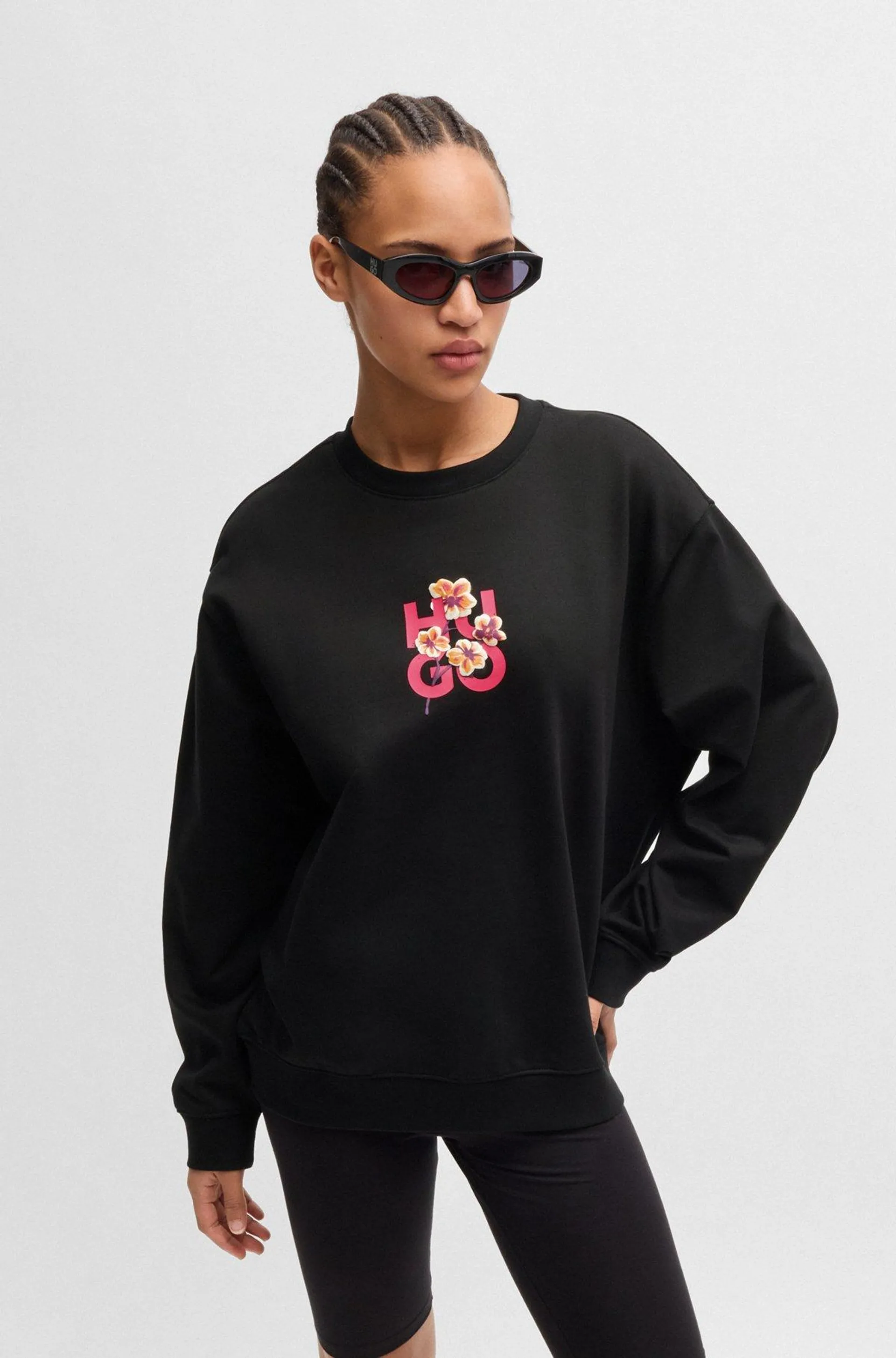 Cotton-terry sweatshirt with floral stacked-logo graphic