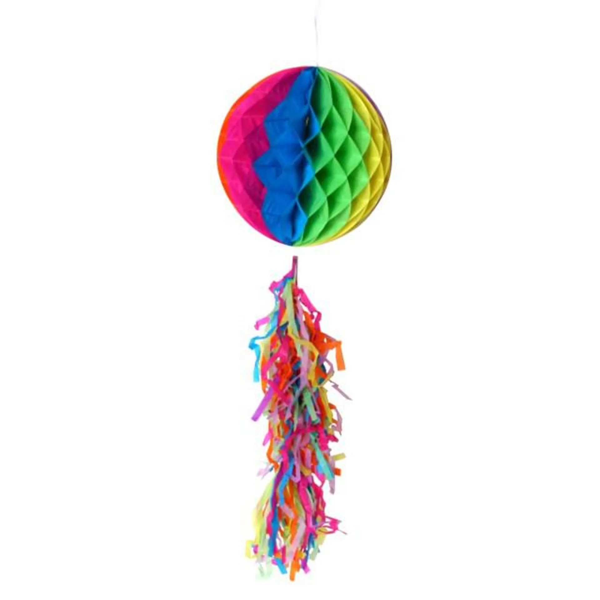 Pom-pom/honeycomb i papir med dusk i alle regnbuens farger -