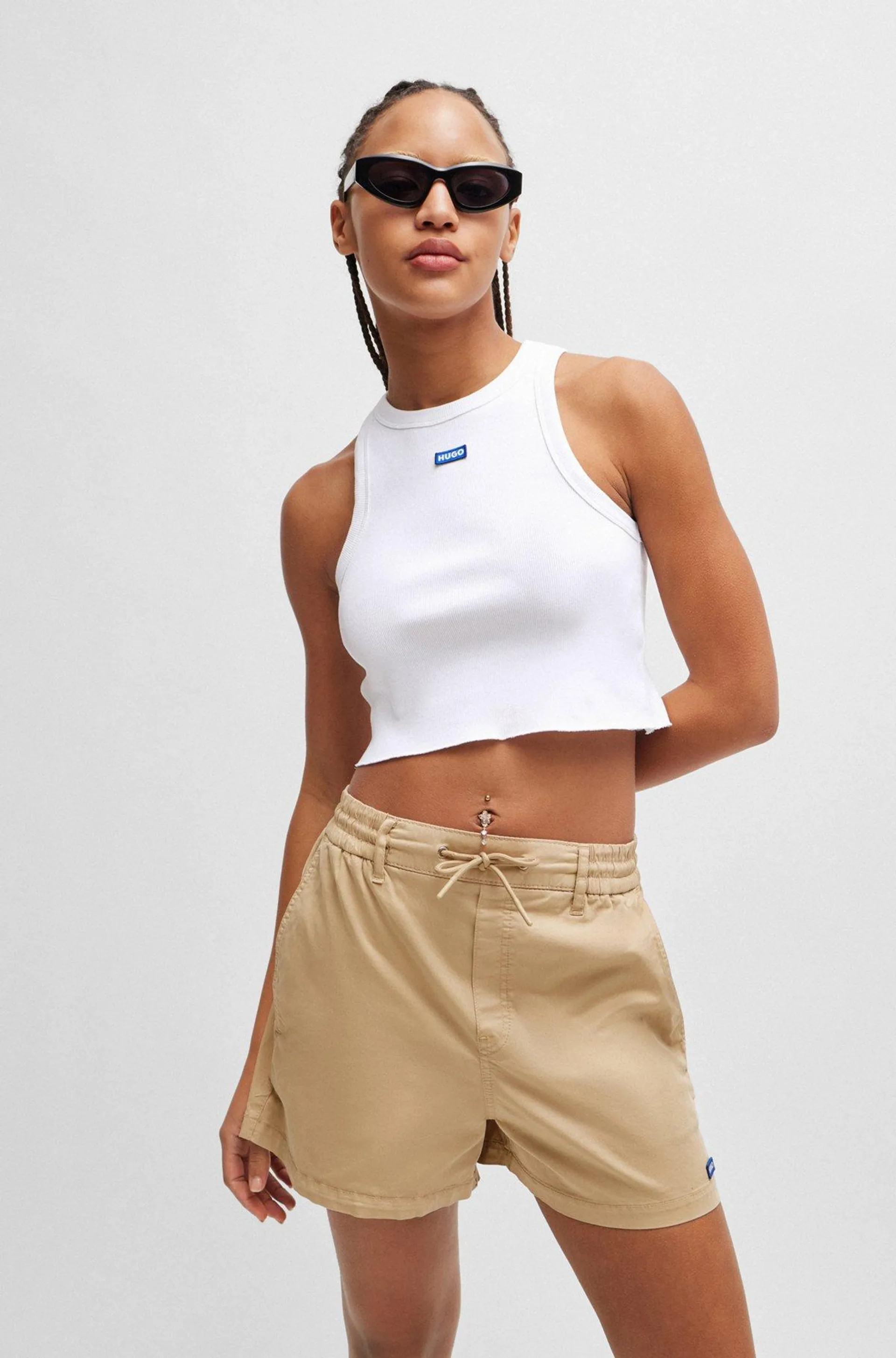 Stretch-cotton cropped tank top with blue logo label