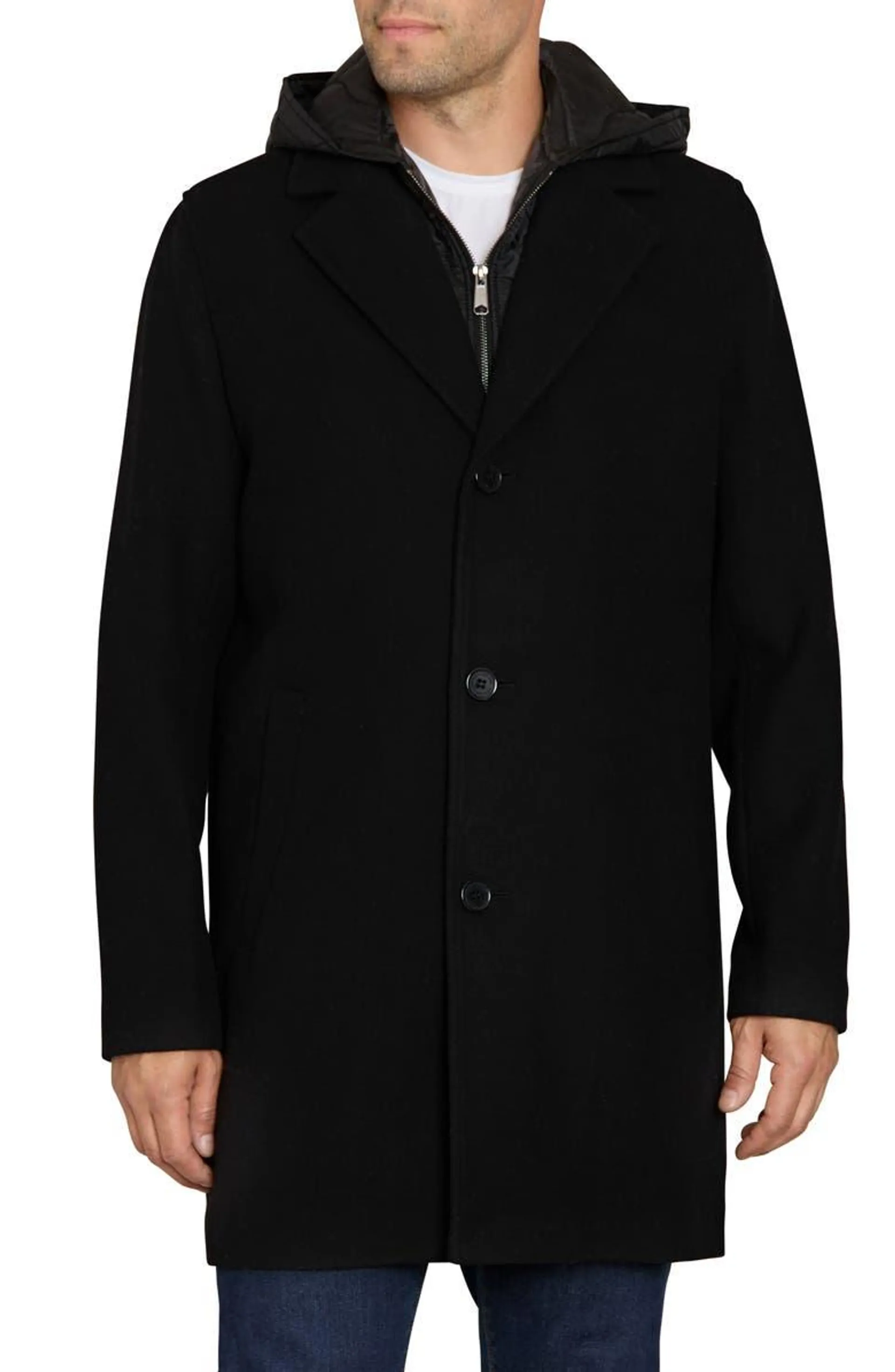 Single Breasted Wool Blend Hooded Coat with Bib