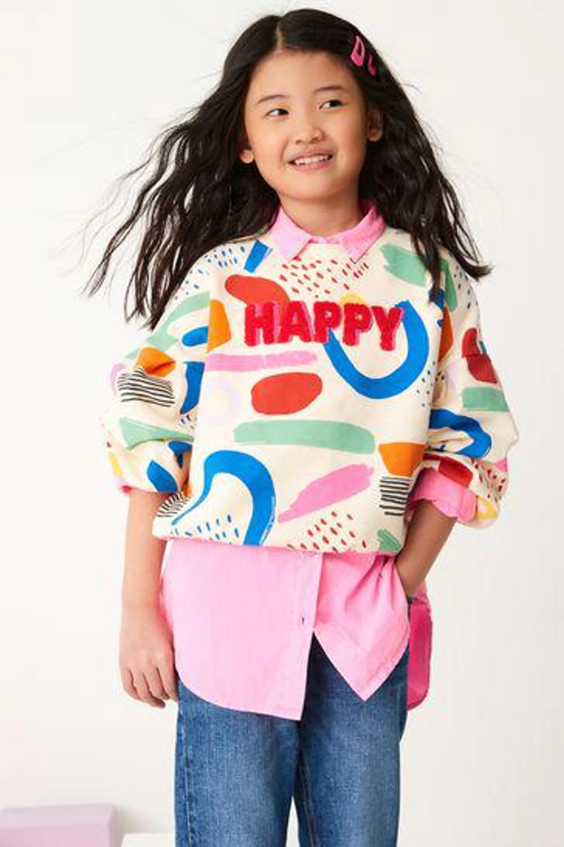Cream Printed Long Sleeve Sweatshirt With Elasticated Hem Detail (3-16yrs)