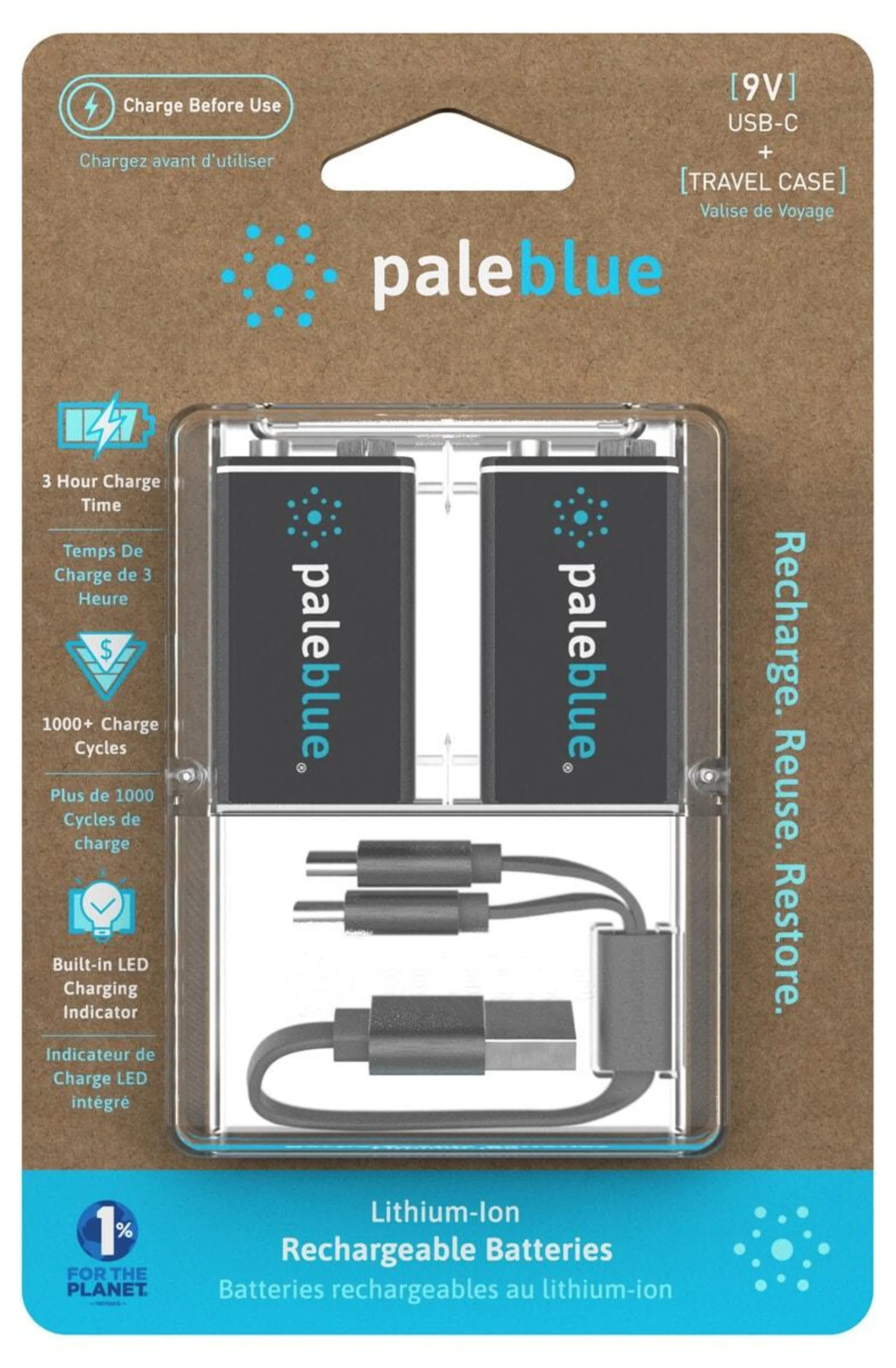 Pale Blue 9 V oppladbare batterier USB-C, 2-pakning