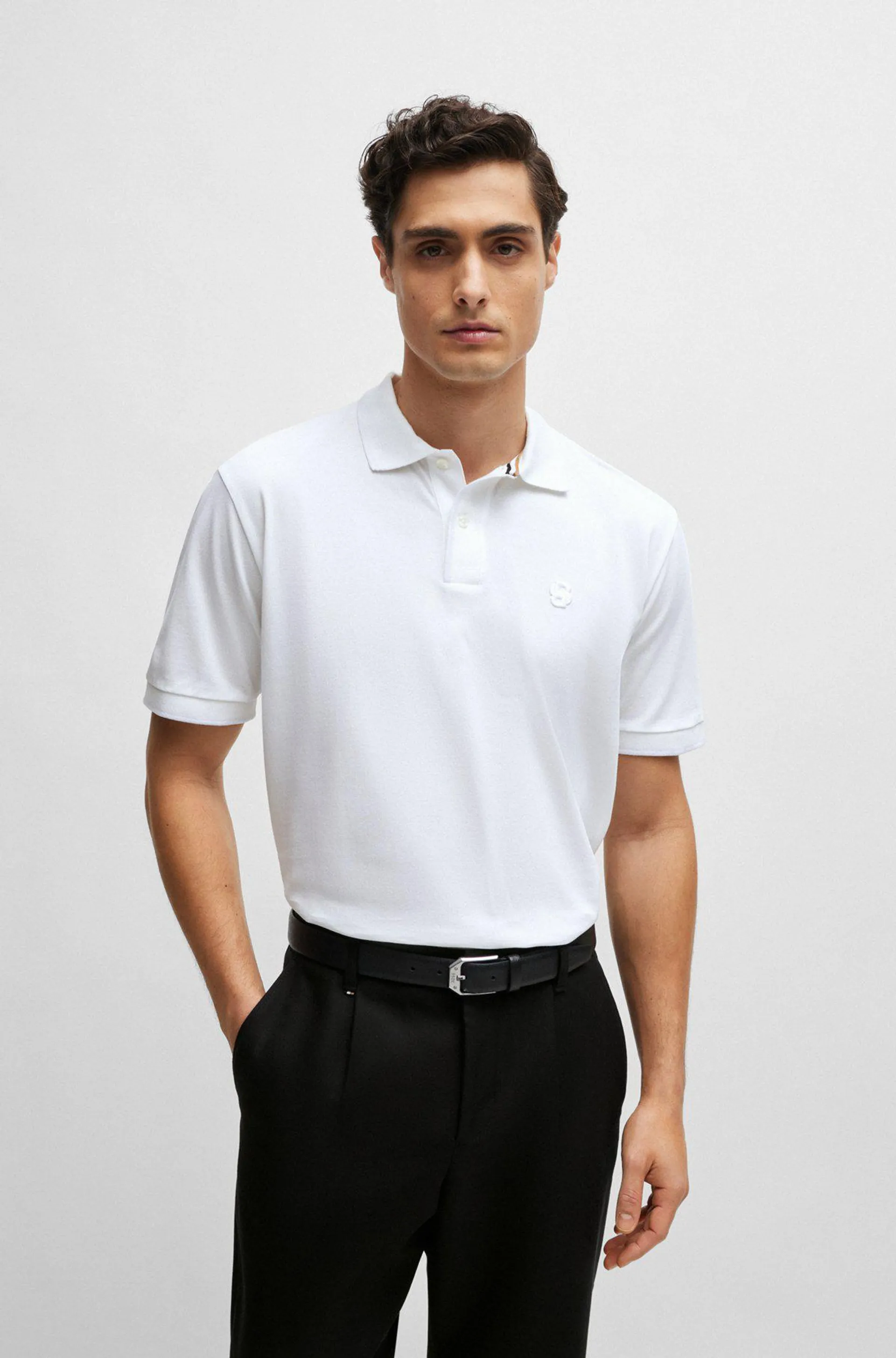 Mercerised-cotton polo shirt with embroidered double monogram