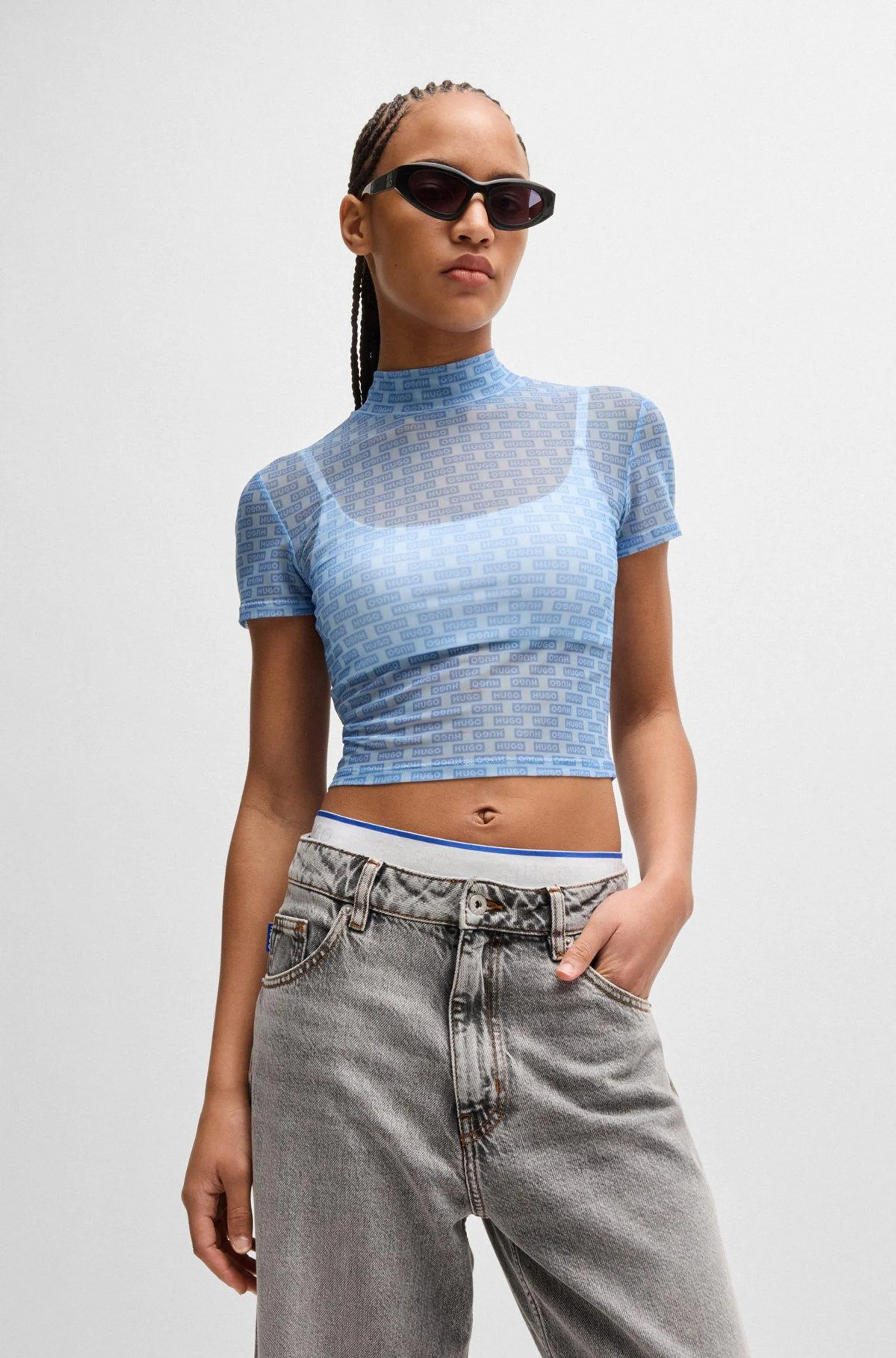 Cropped top in logo-print stretch mesh