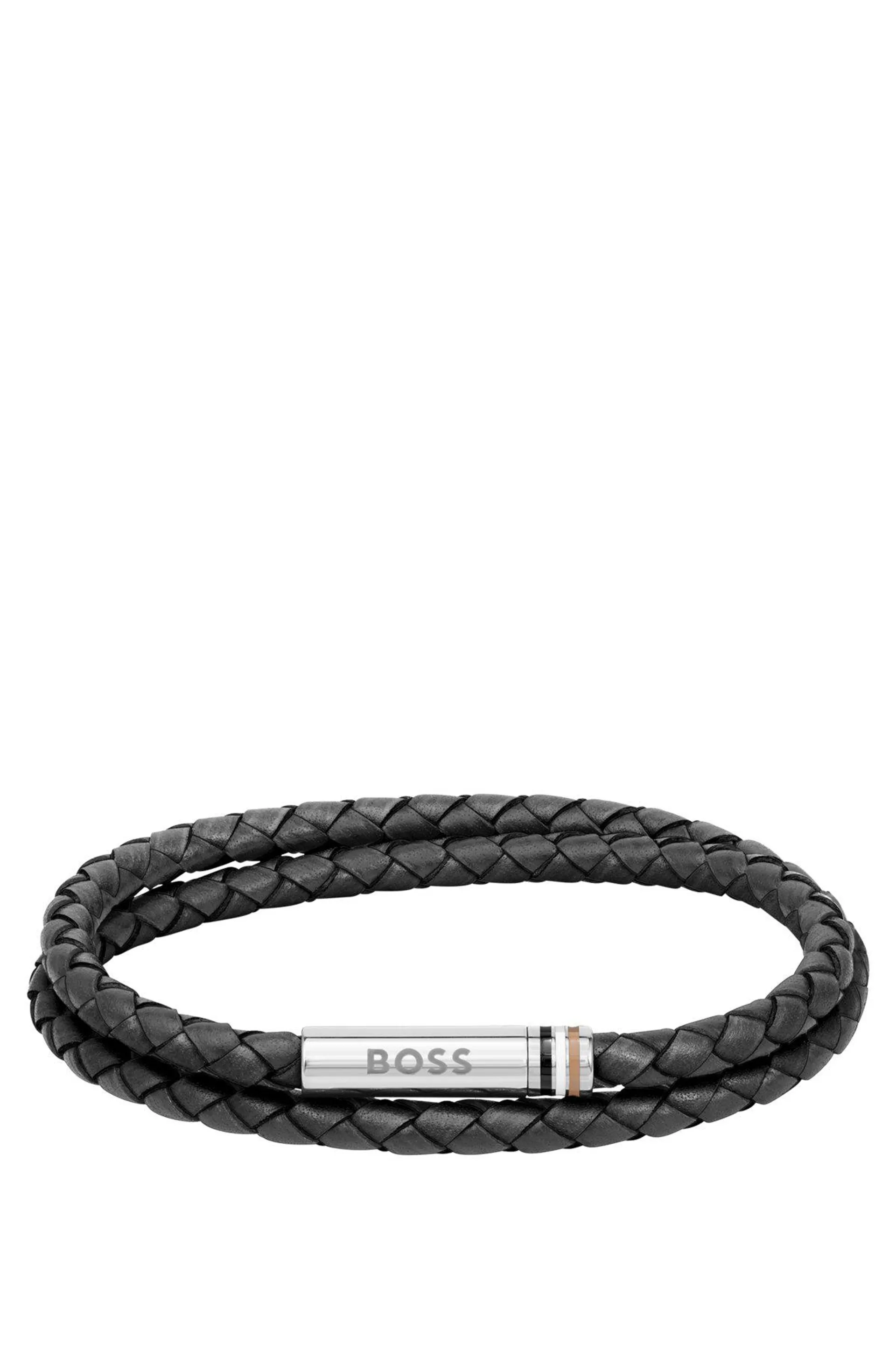 Double-wrap cuff in black braided leather