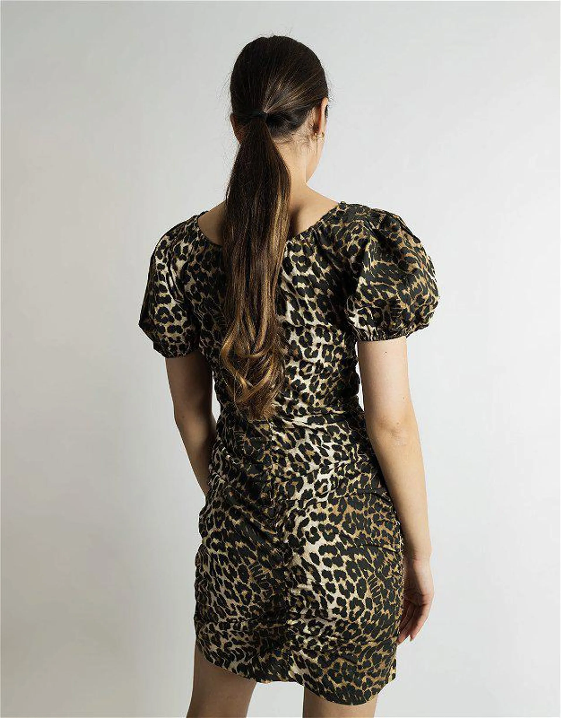 Printed Cotton Gathered Mini Dress Big Leopard Almond Milk