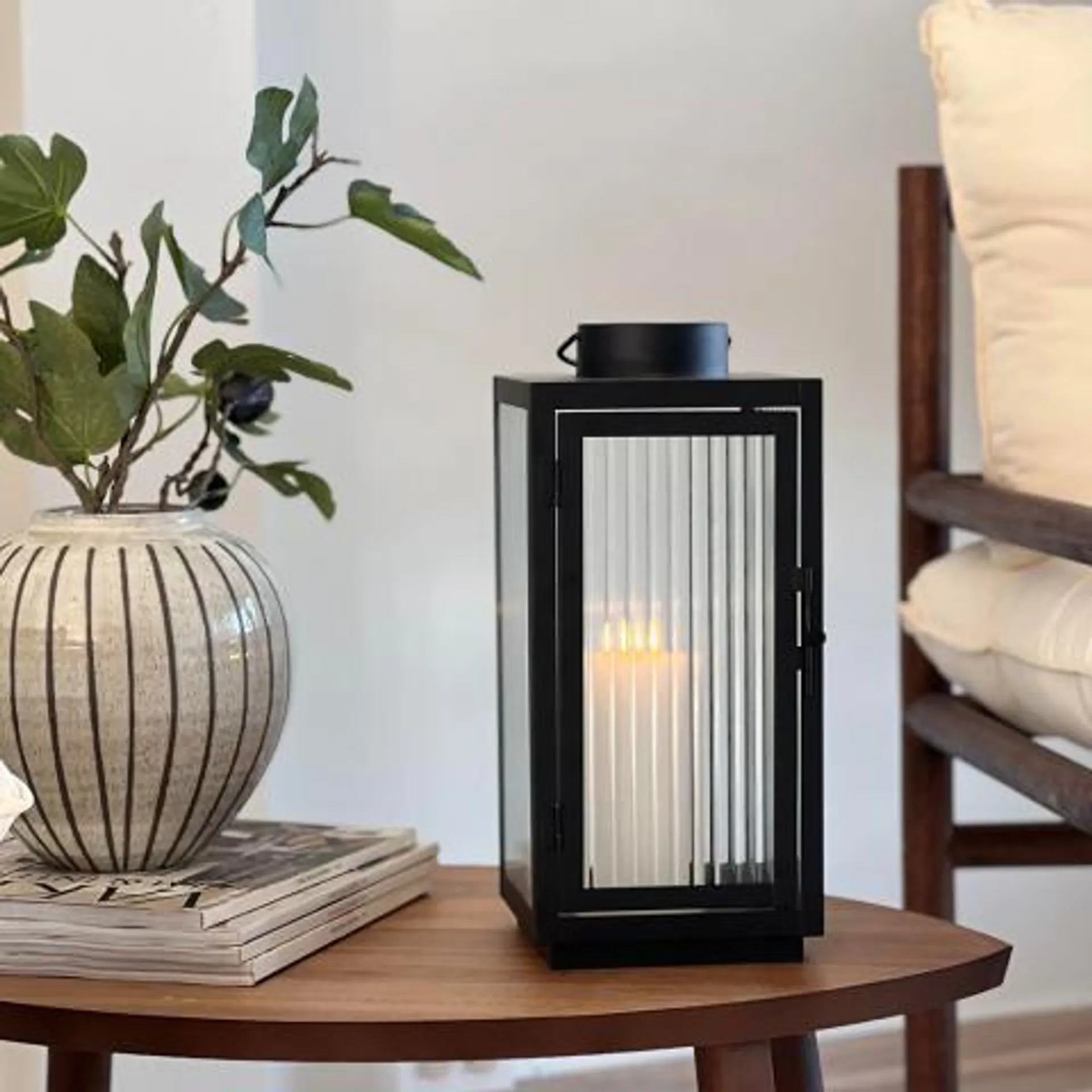 Lykt med rillet glass Sort 35cm