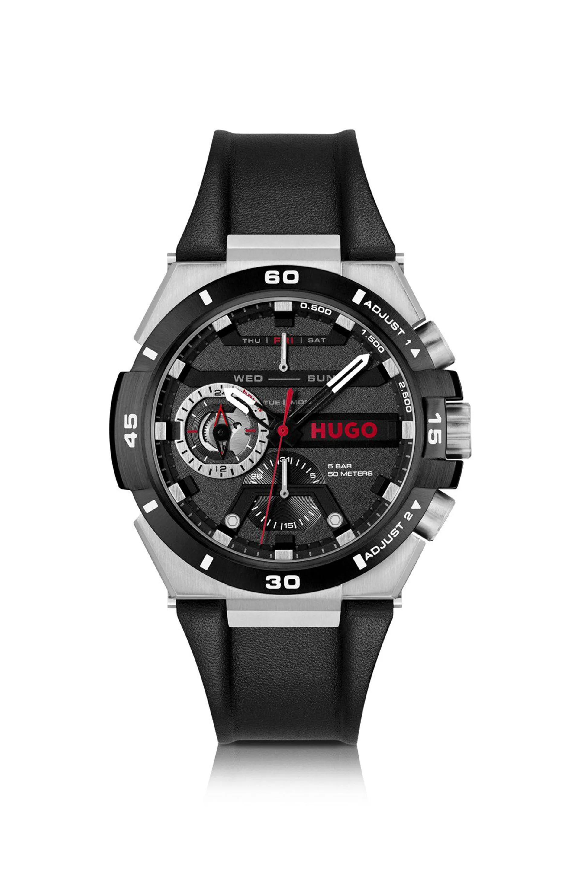 Black-dial watch with leather strap