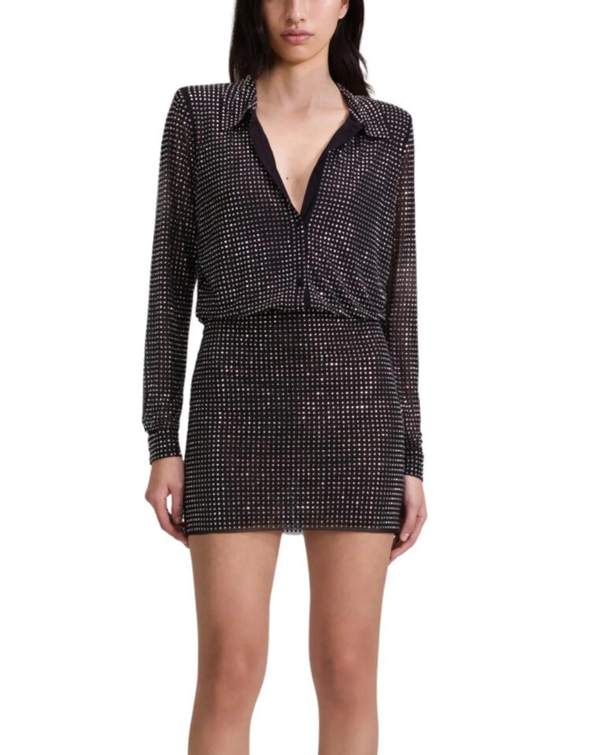 Rhinestone Mini Shirt Dress – Sort