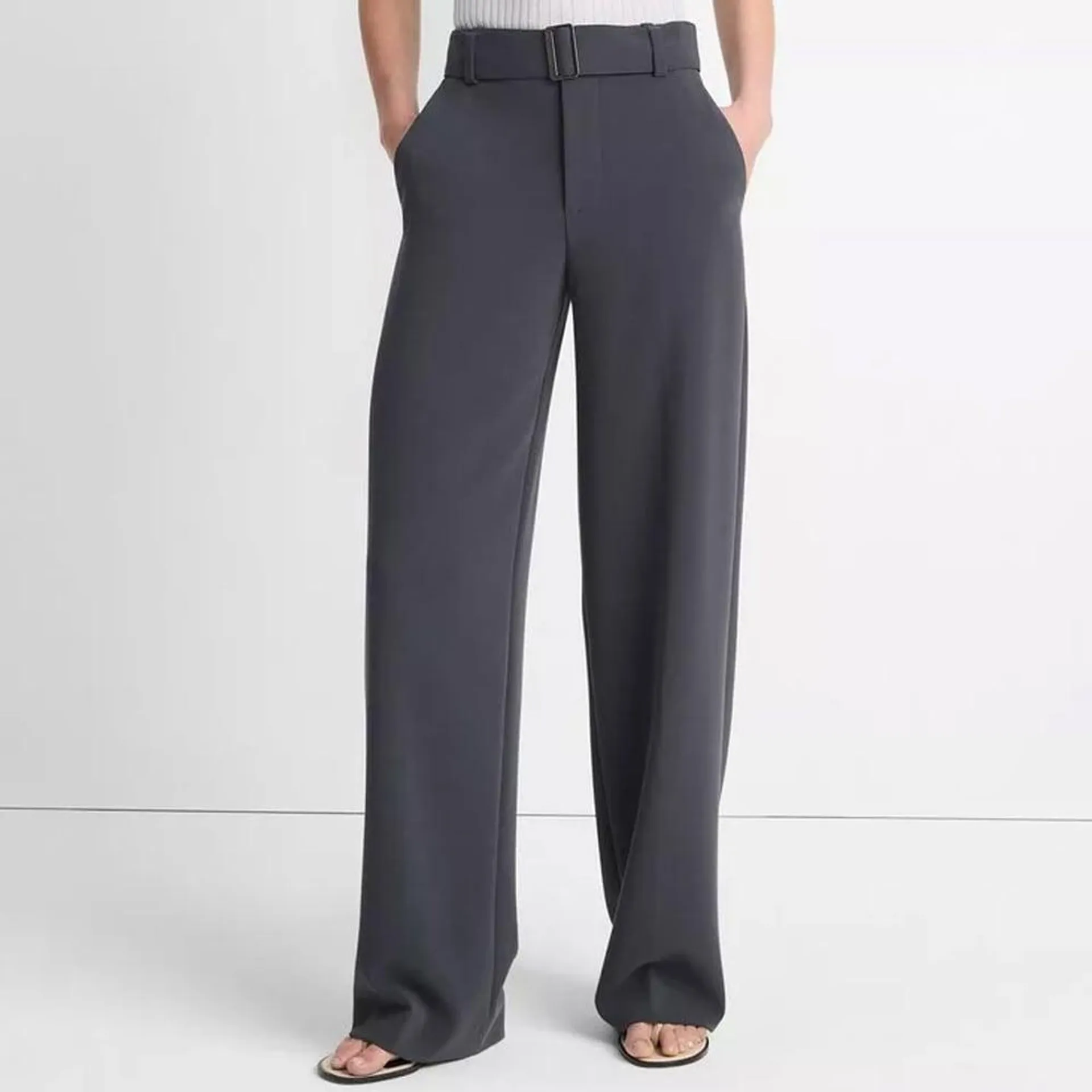 High Waisted Belted Wide Leg Trouser - Graphite