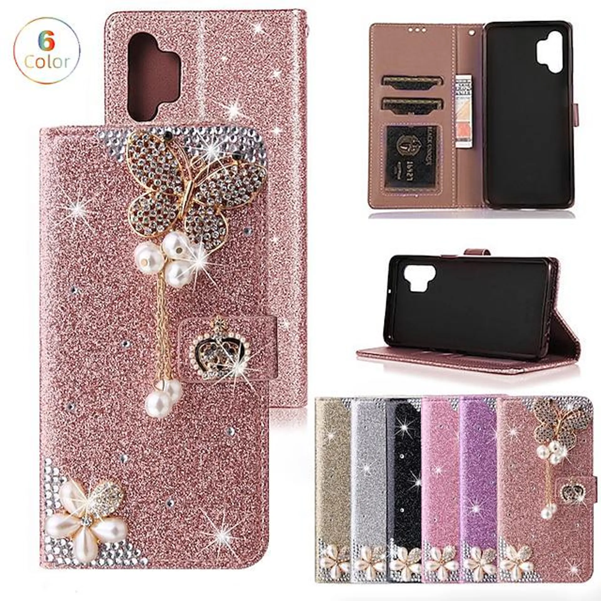Phone Case For Samsung Galaxy S23 S22 S21 S20 Plus Ultra A14 A34 A54 A73 A53 A33 Note 20 10 Wallet Case Rhinestone With Card Holder Magnetic Flip Glitter Shine Crystal Diamond PU Leather