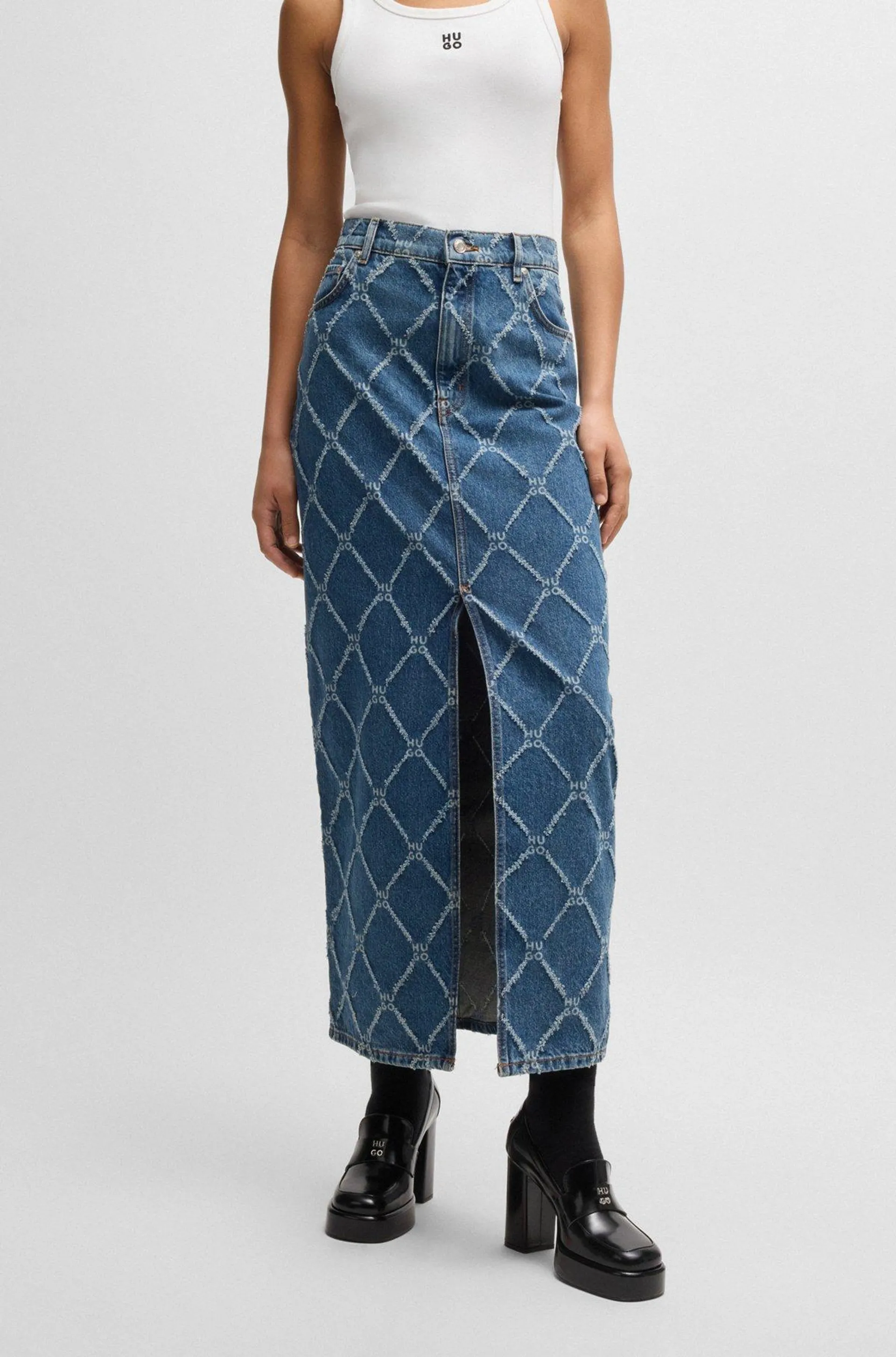 Rigid-denim maxi skirt with stacked-logo pattern