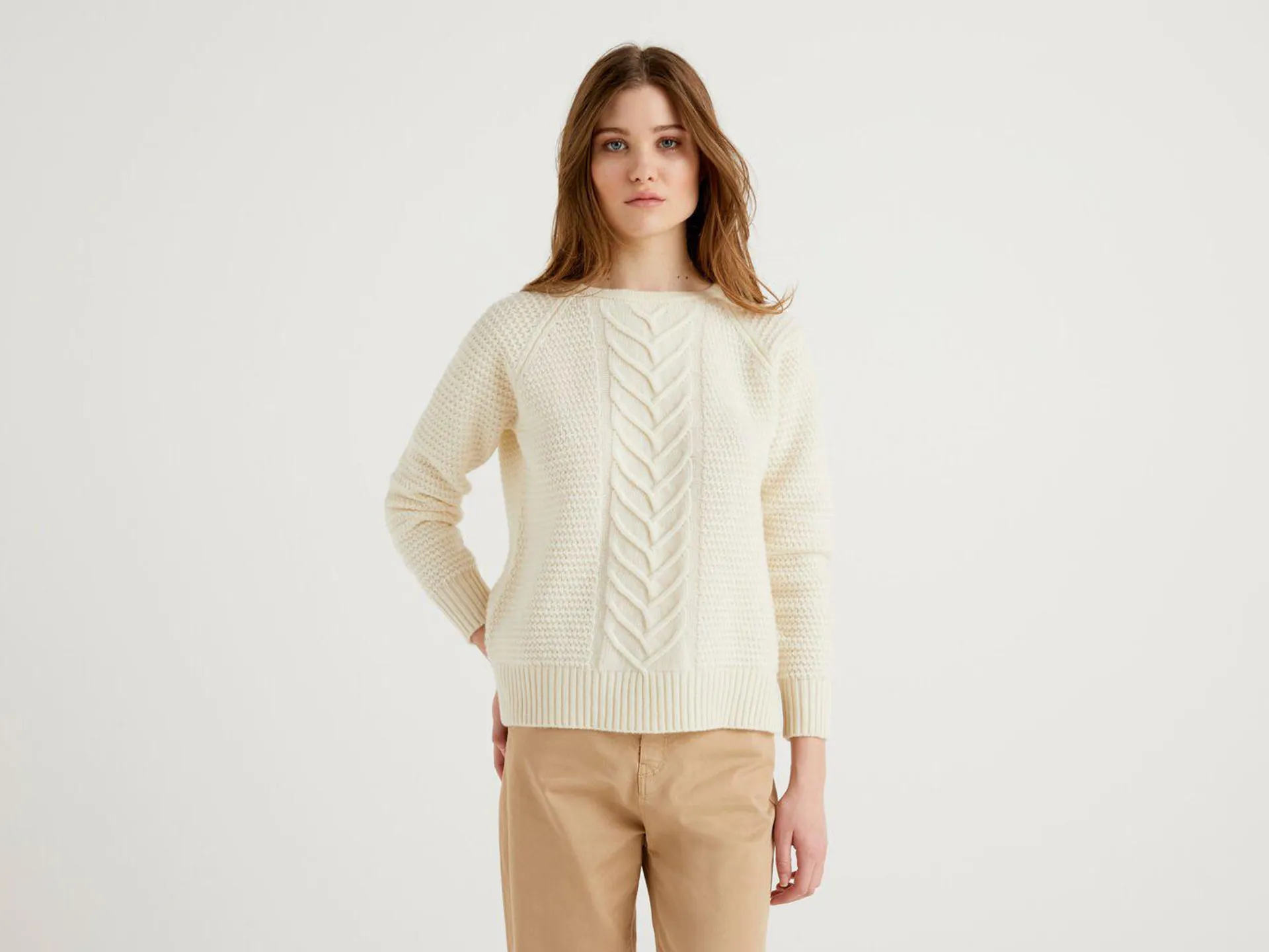 Benetton Stitching Funksjoner Gensere Dame Pisket Krem Hvite | Norge-3867145