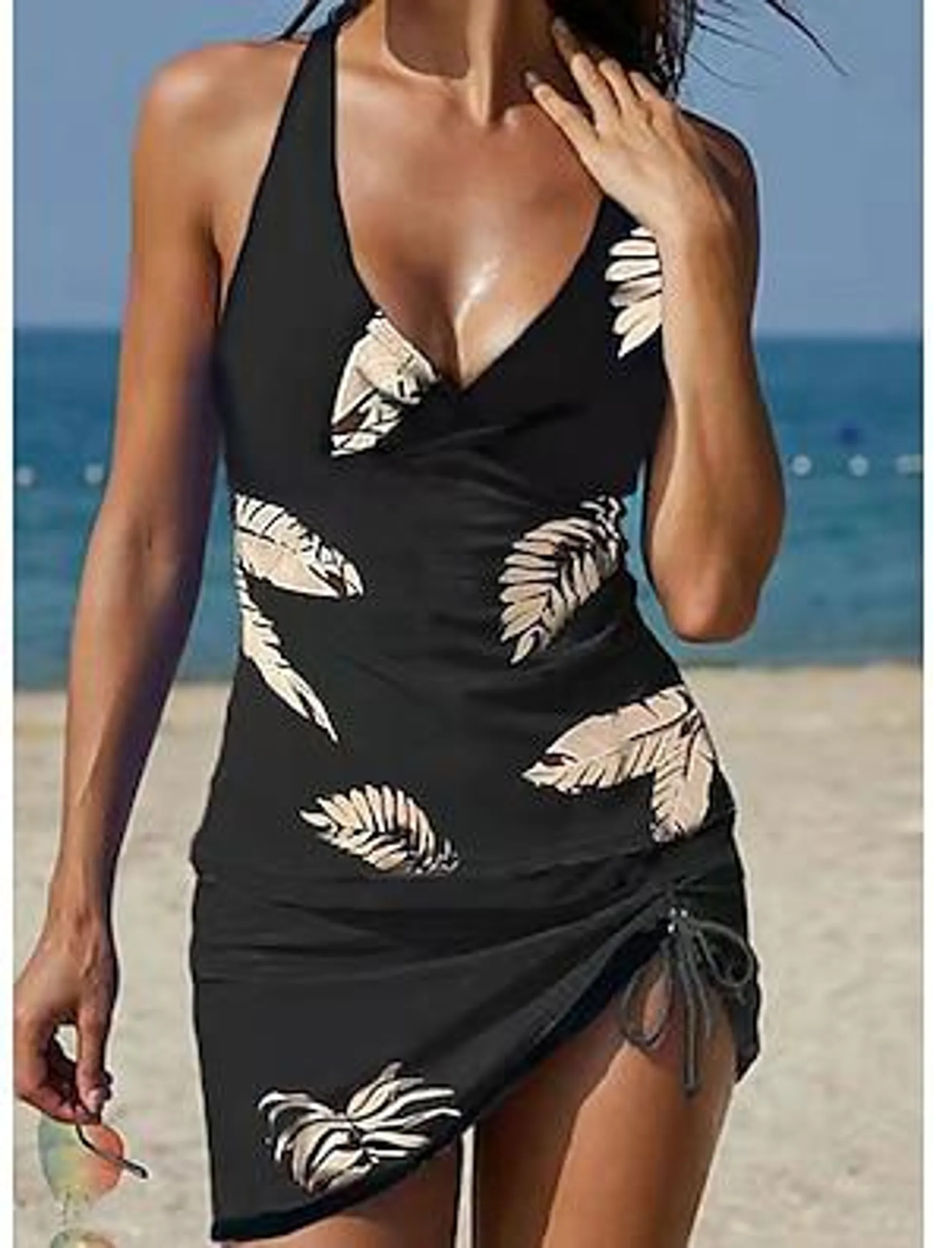 Women's Swimwear Tankini 2 Piece Swim Dress Plus Size Swimsuit Halter 2 Piece Modest Swimwear Open Back Printing Trees / Leaves V Wire Vacation Fashion Bathing Suits