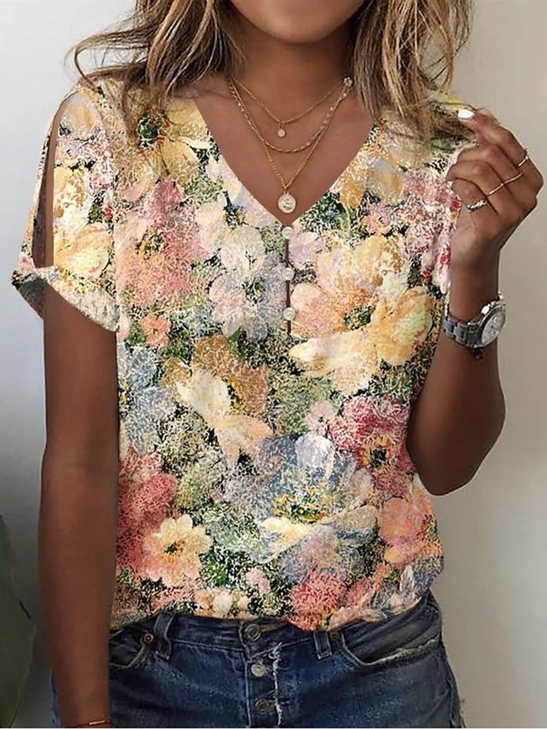 Women's T shirt Tee Floral Holiday Weekend Button Cut Out Print Yellow Short Sleeve Basic V Neck