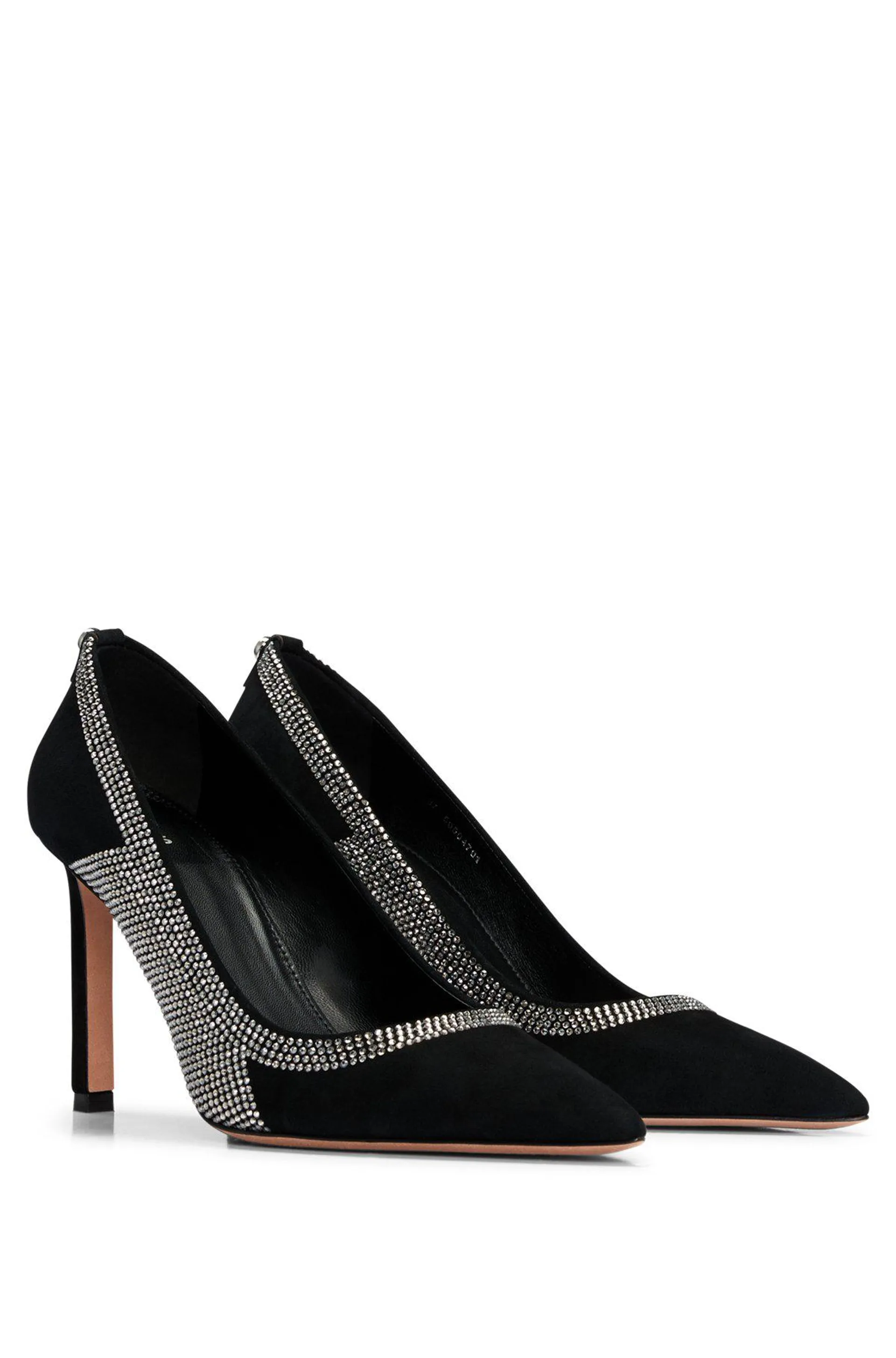 High-heeled pumps in suede with crystal-studded details