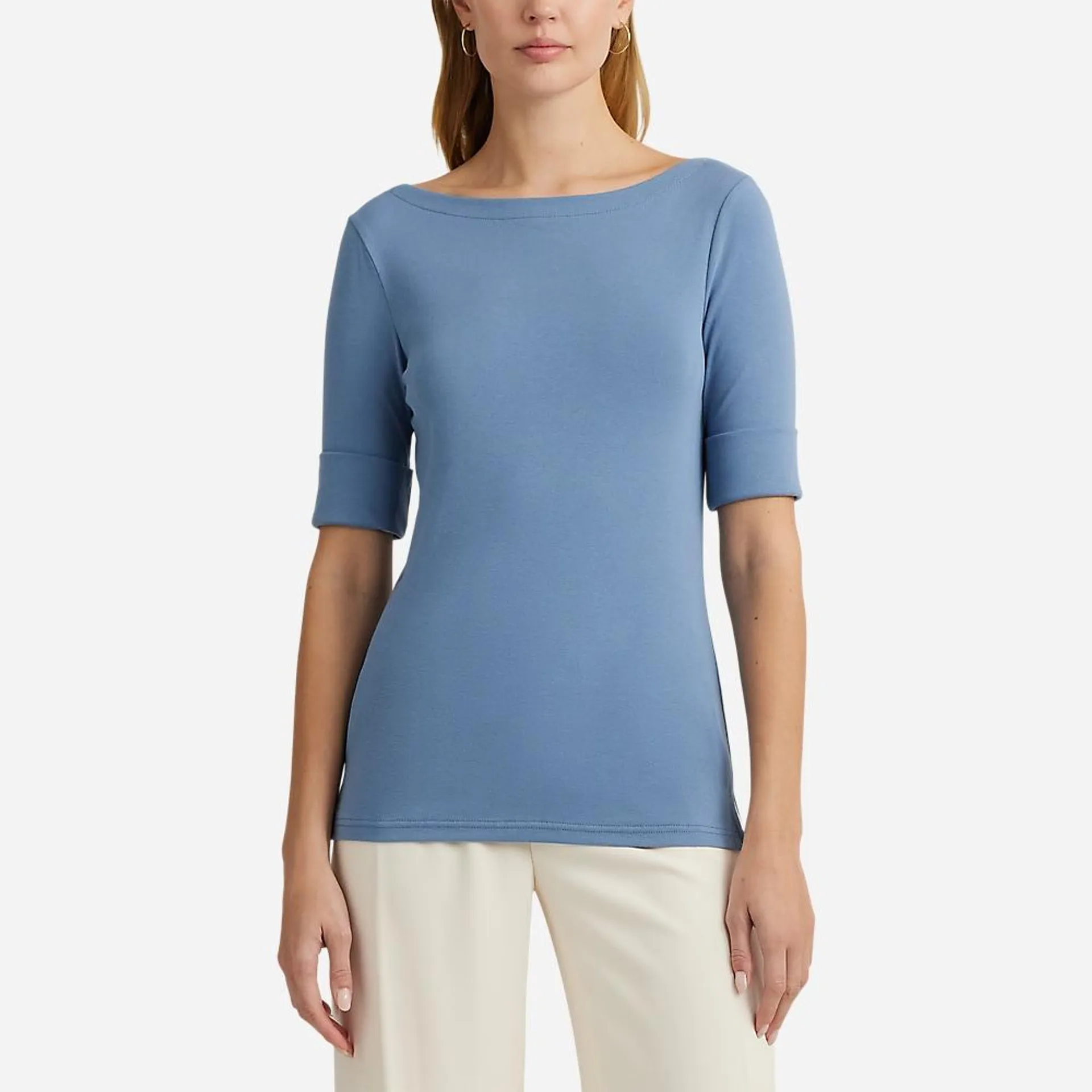 Stretch Cotton Boatneck Tee - Pale Azure