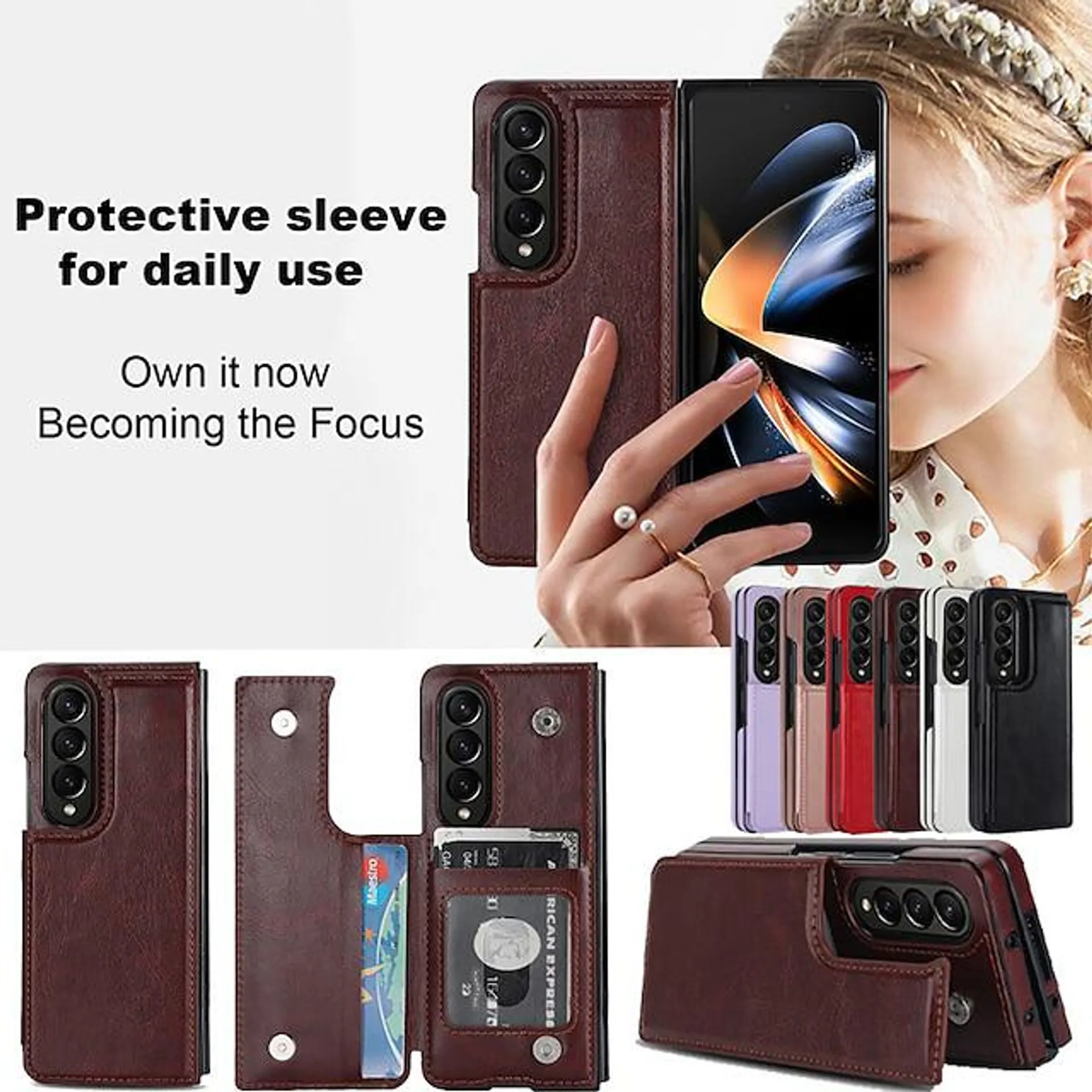 Phone Case For Samsung Galaxy Z Fold 5 Z Fold 4 Z Fold 3 Leather With Card Holder Kickstand Solid Color PC PU Leather