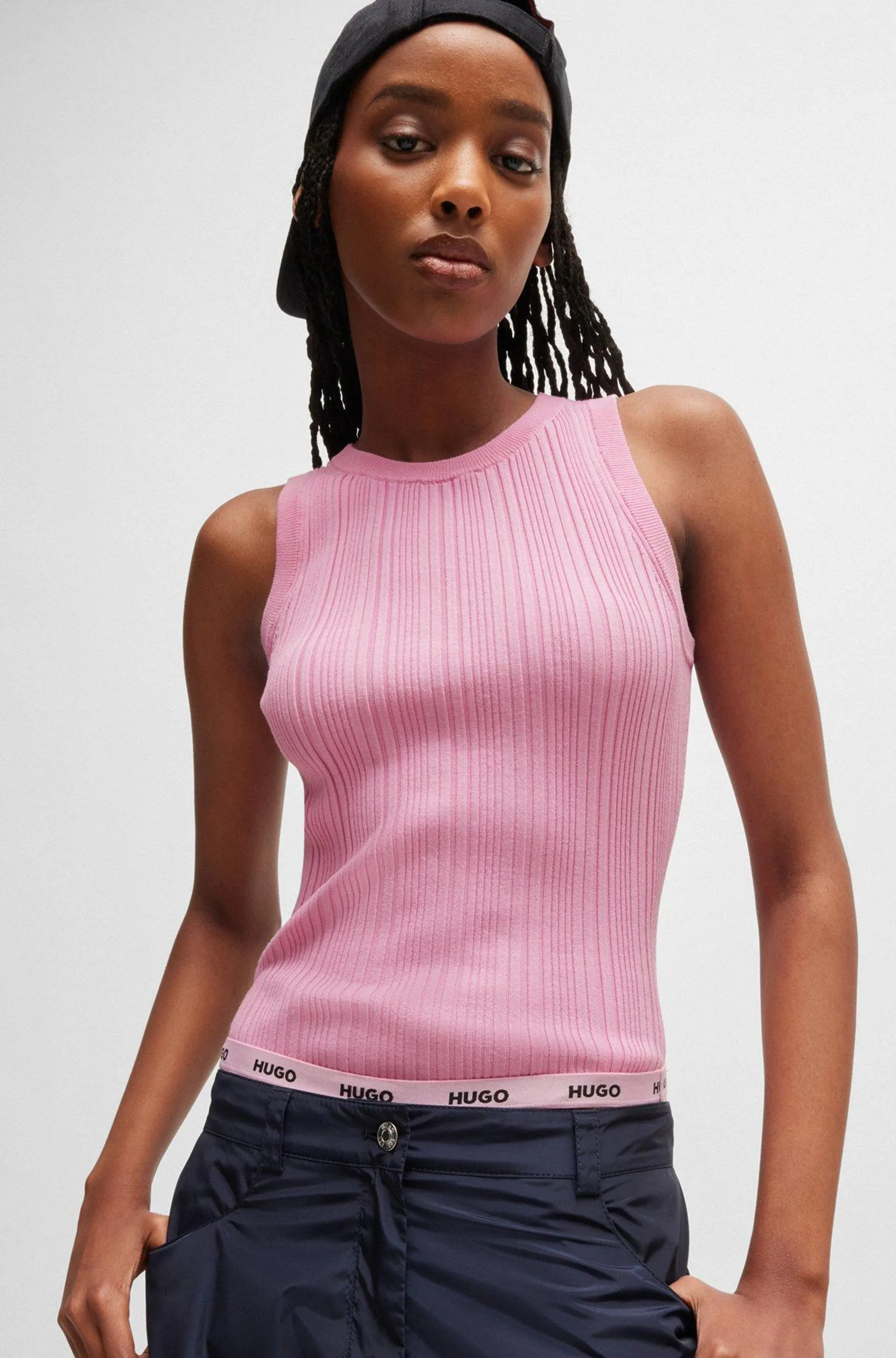 Slim-fit sleeveless top with irregular ribbed structure