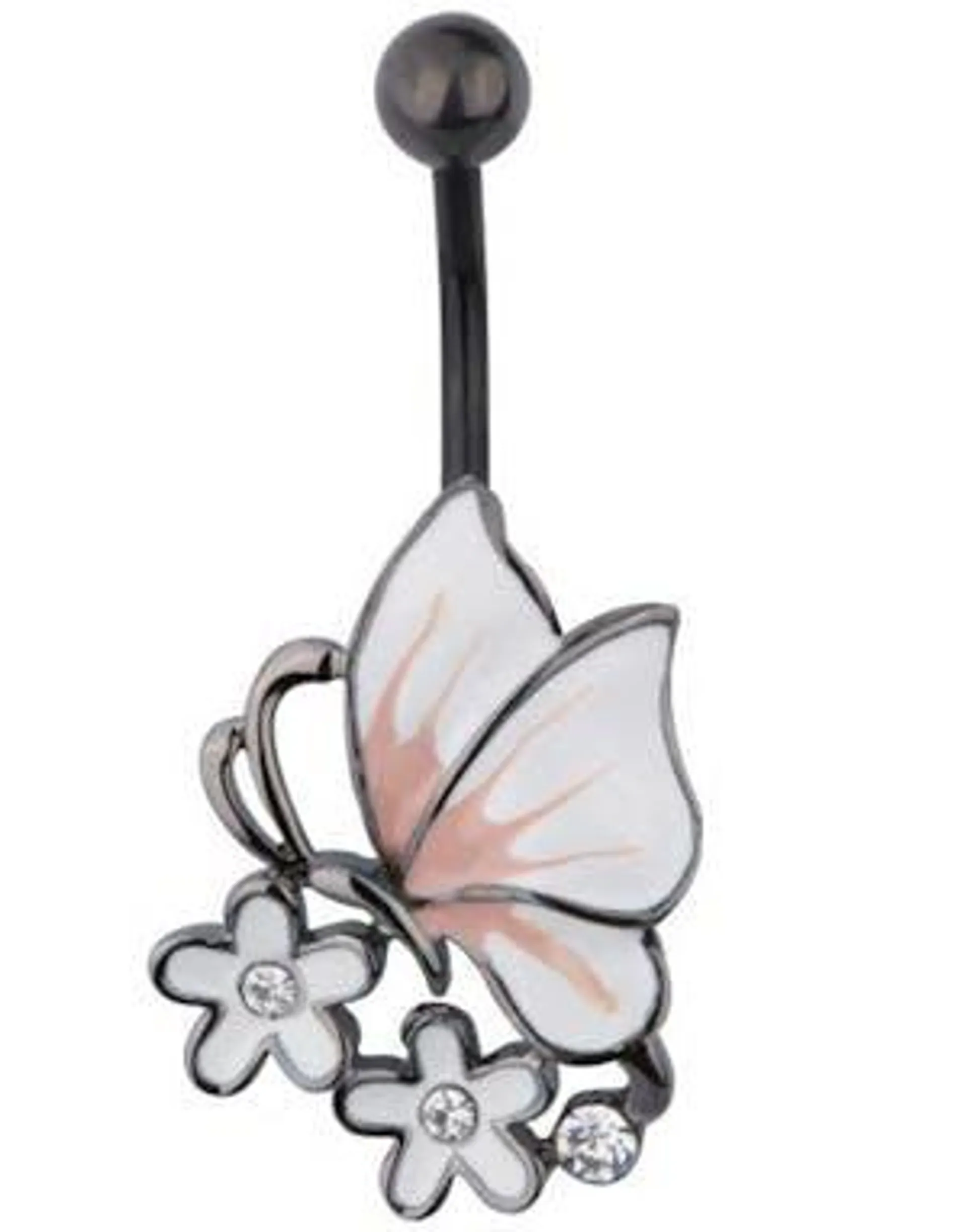 Bellypiercing with Butterfly on Flowers - Black/White/Pink