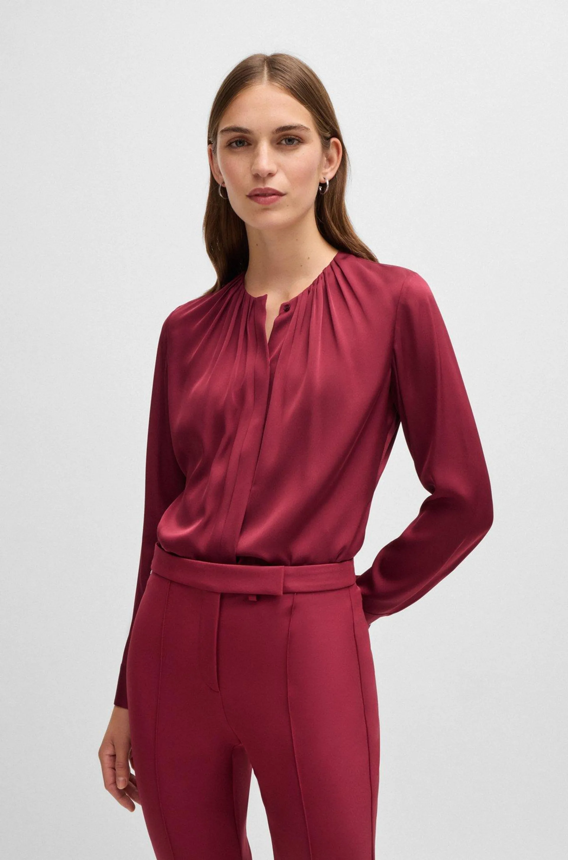 Ruched-neck blouse in stretch-silk crepe de Chine