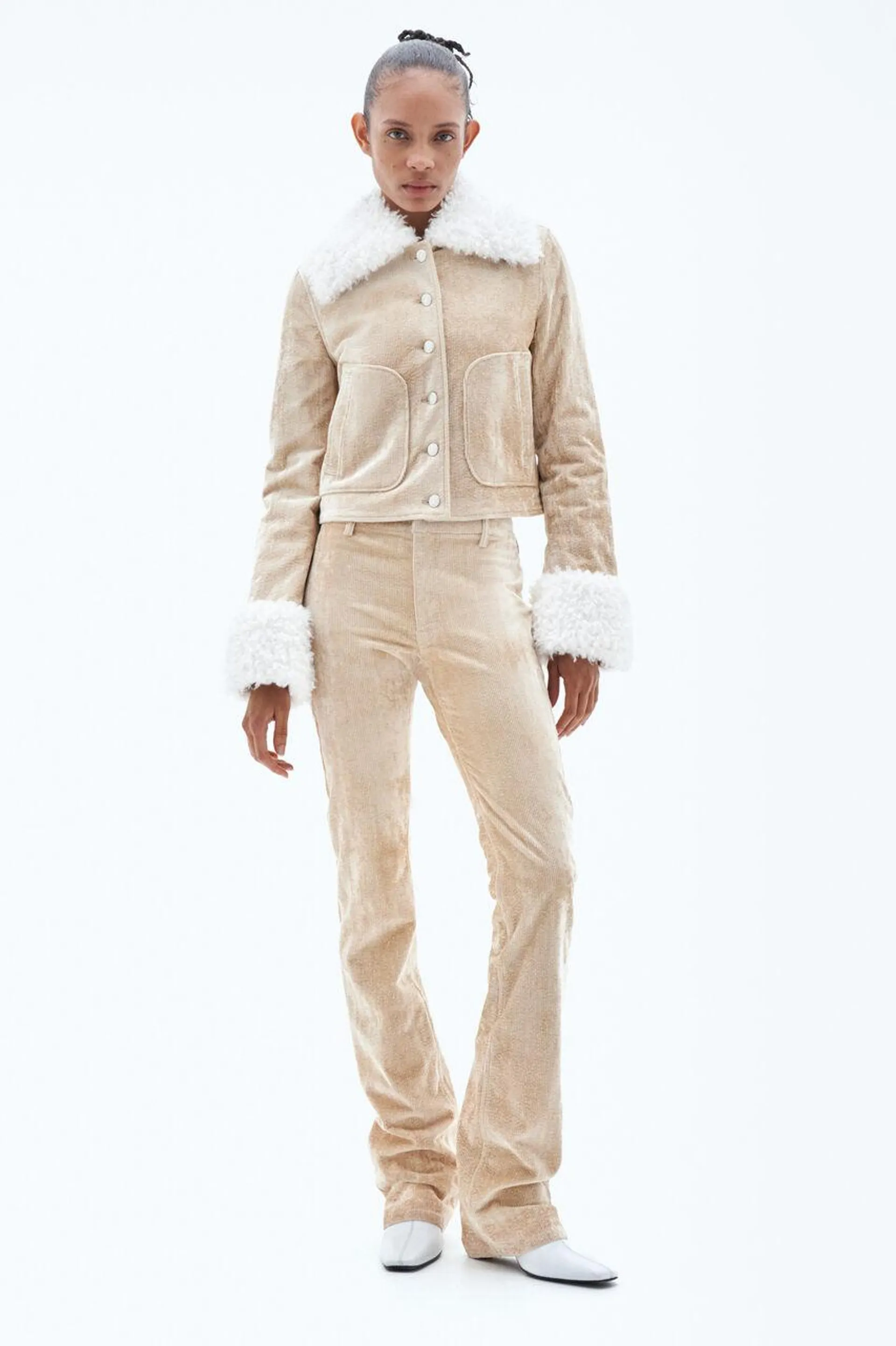 Slim single breasted jacket in rigid garment dyed corduroy with faux fur trims. Style with the Low Waist Corduroy Trousers for a coordinated look.