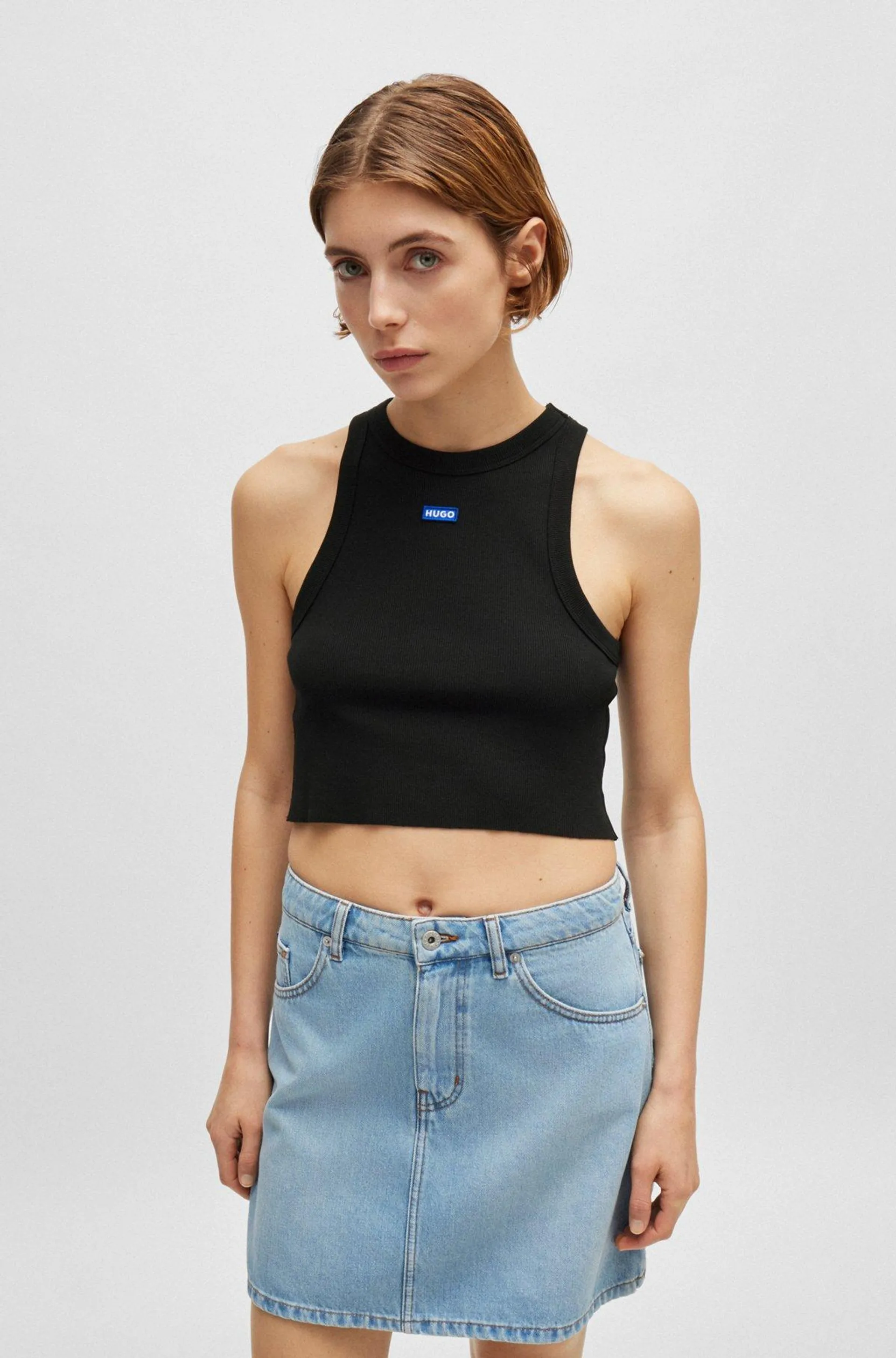 Stretch-cotton cropped tank top with blue logo label