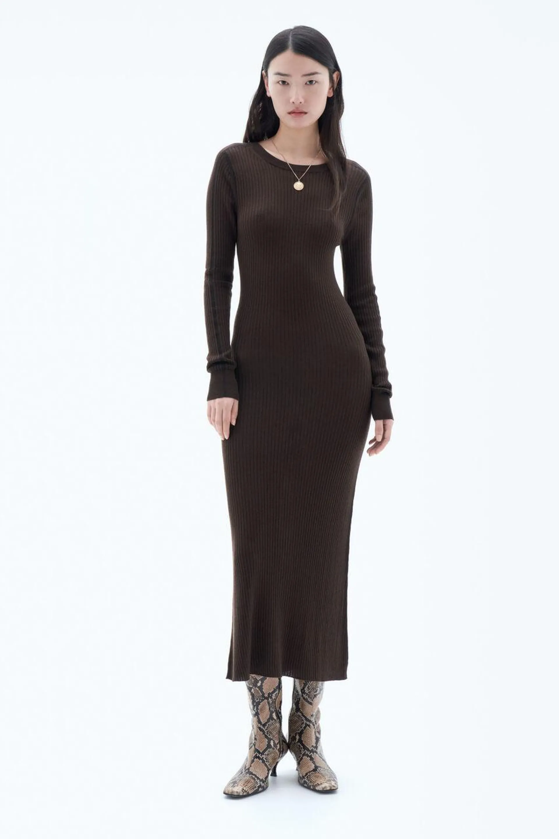 Rib Knit Dress Dark Chocolate/Black