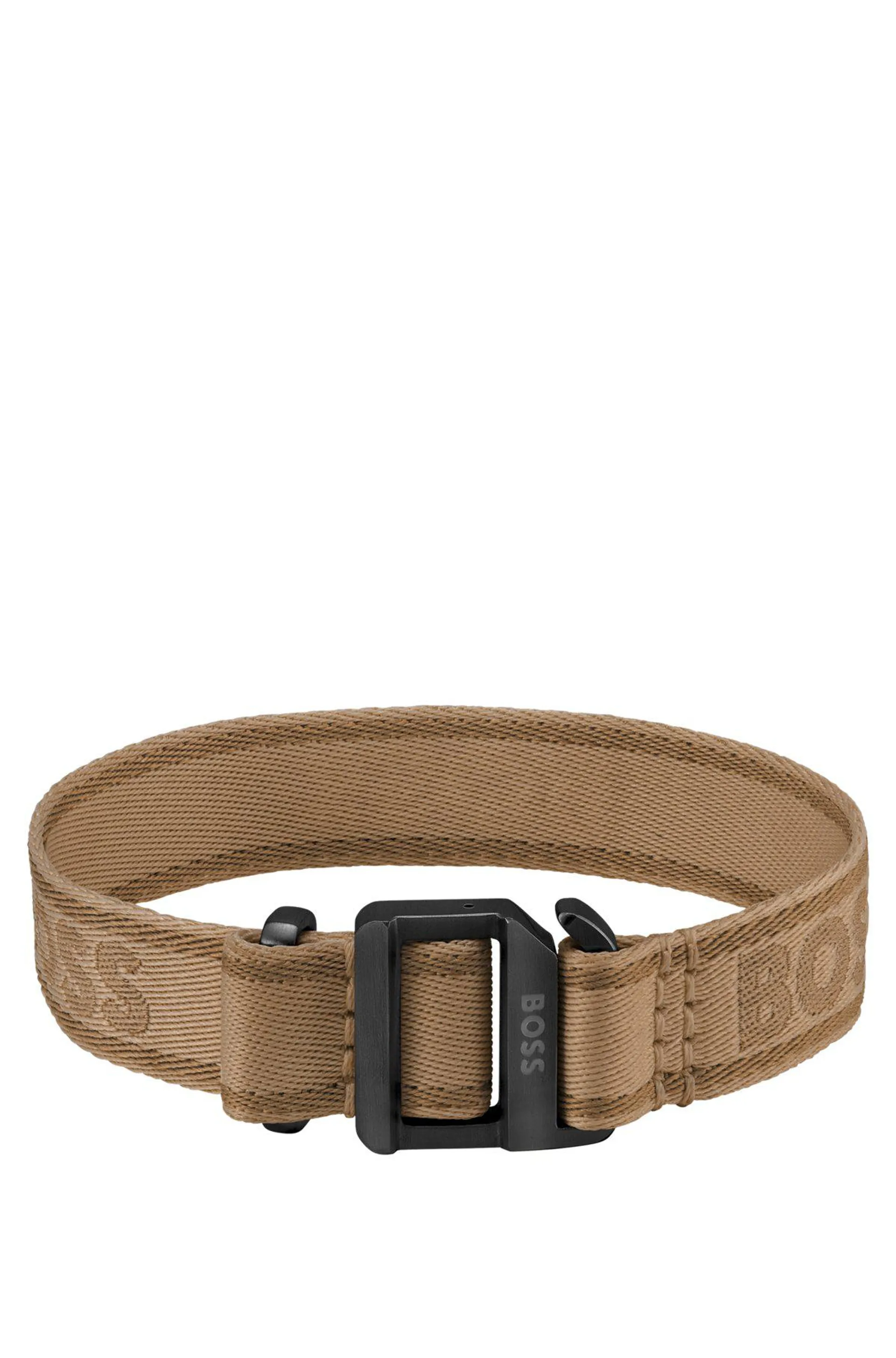 Camel-coloured woven logo-strap cuff with adjustable buckle