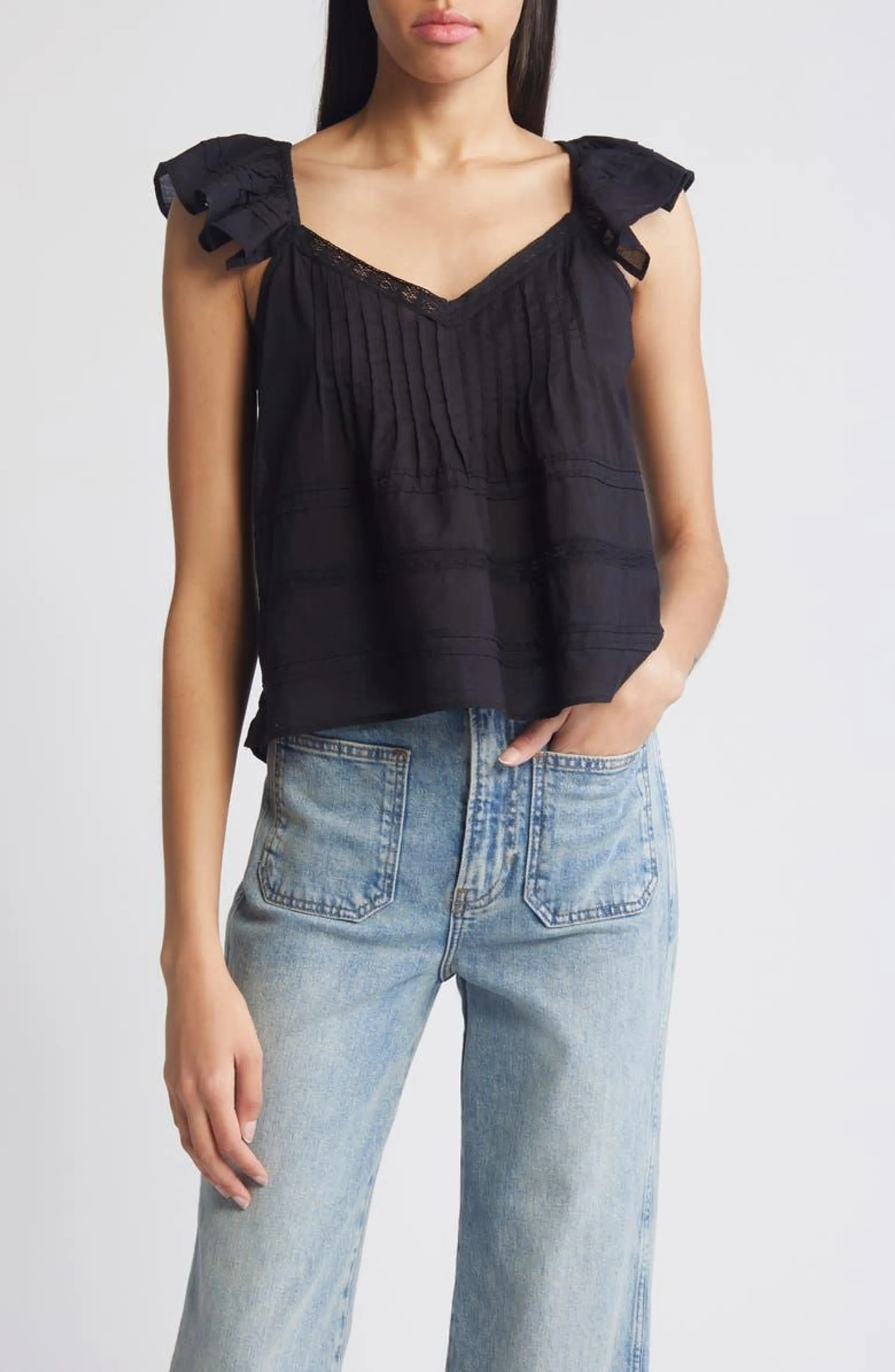 Pintuck Strappy Open Back Cotton Top