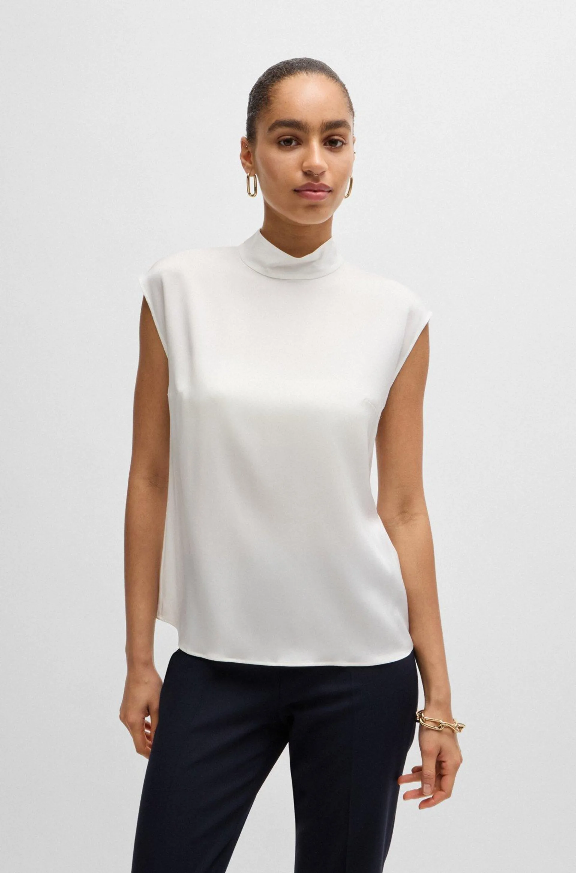 Mock-neck blouse in stretch silk