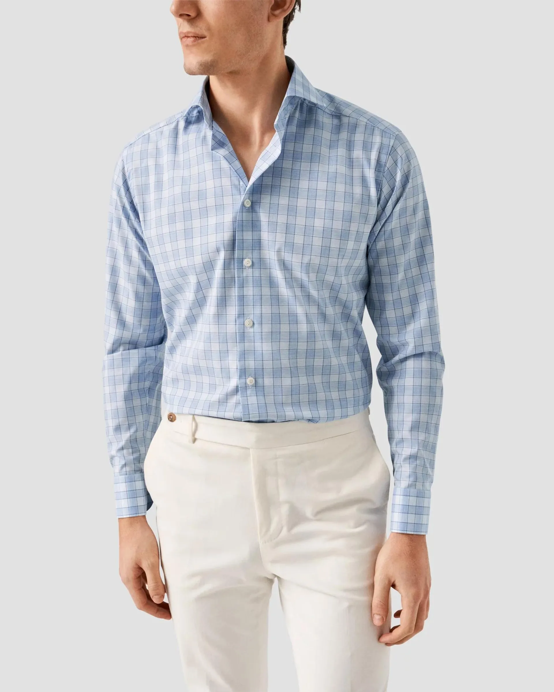 Light Blue Checked Fine Twill Shirt