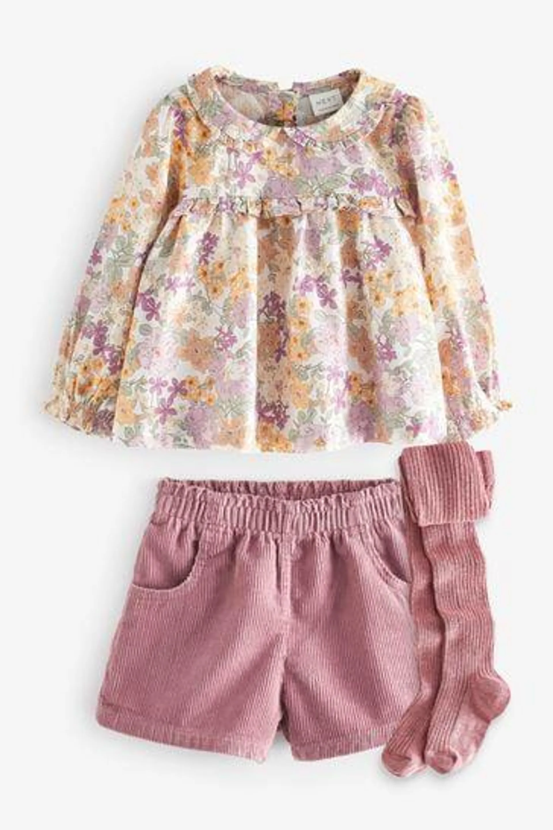 Pink Cord Shorts, Blouse & Tights 3 Piece Set (3mths-7yrs)