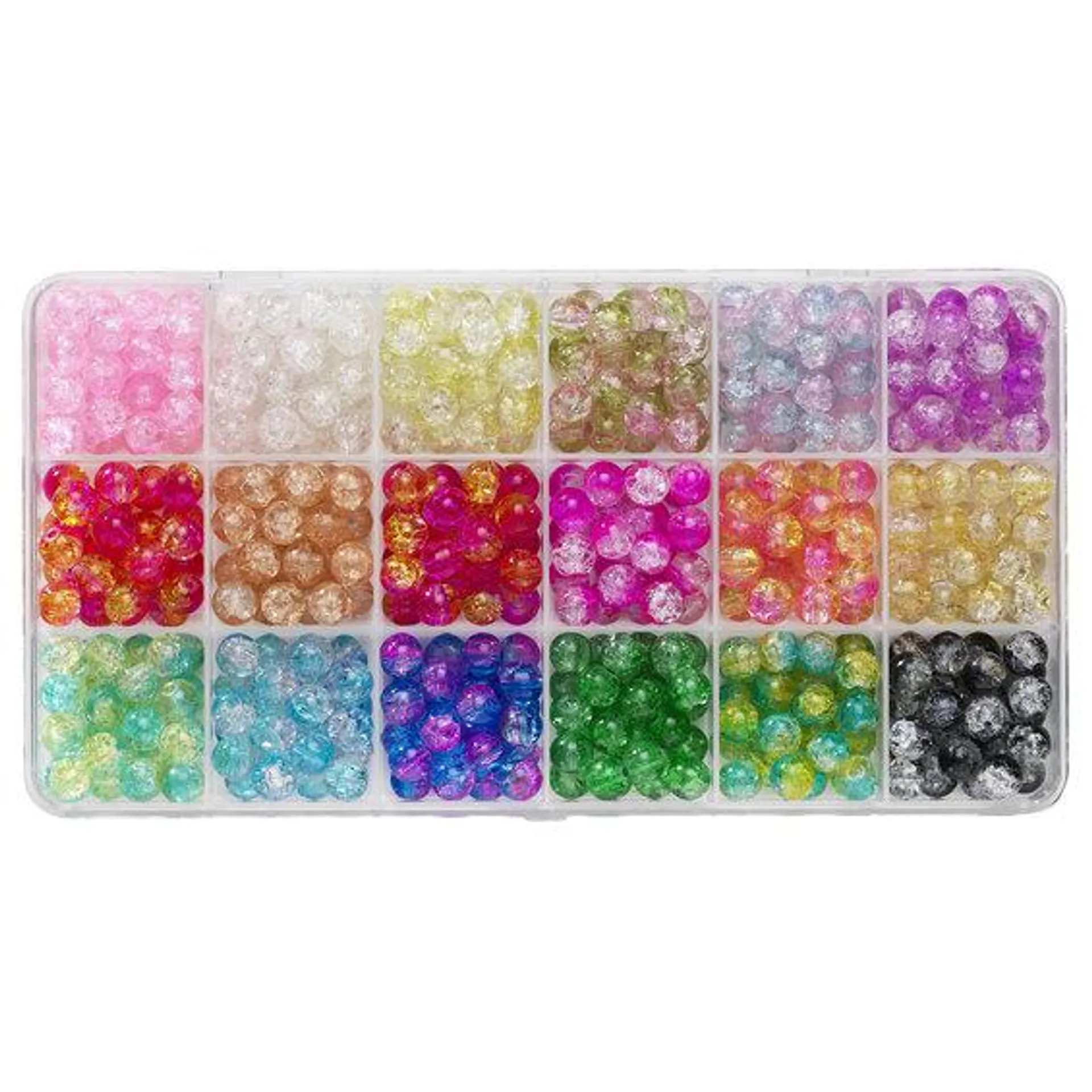 Krakelerte glassperler, crackle beads, ca. 450 stk. i 18 fine farger, Ø4 mm