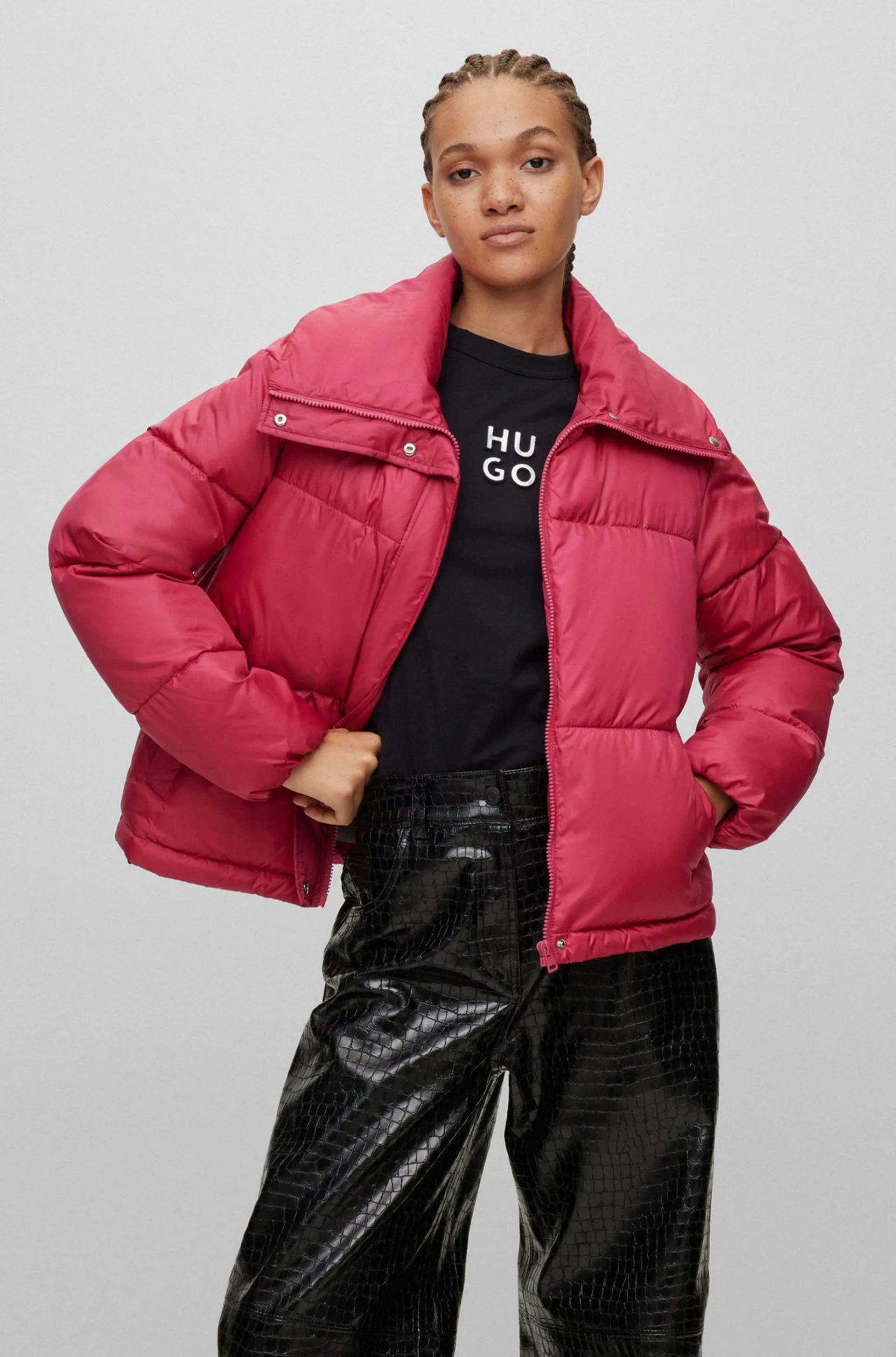 Water-repellent puffer jacket with logo patch
