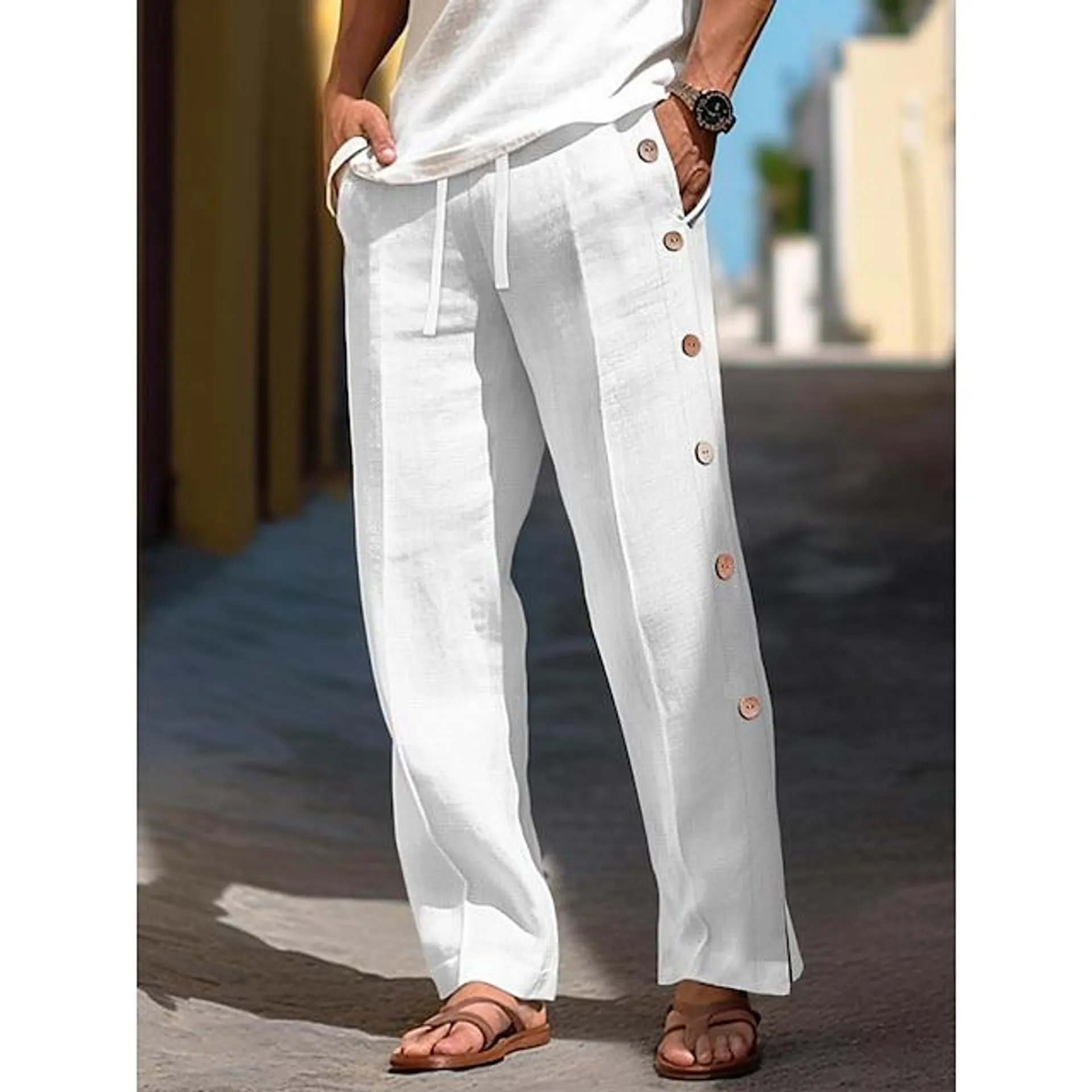 40% Linen Men's Linen Pants Trousers Summer Pants Drawstring Elastic Waist Side Button Plain Breathable Comfortable Office / Career Daily Vacation Classic Casual Black White