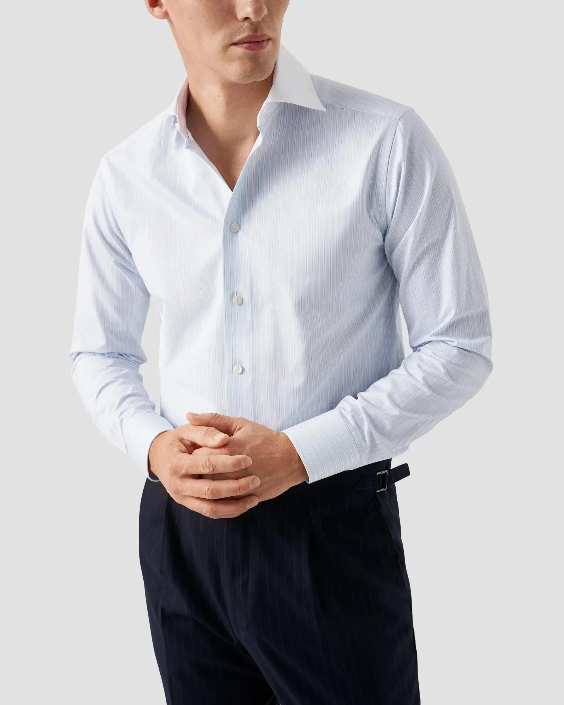 Light Blue Striped White Collar Signature Twill Shirt