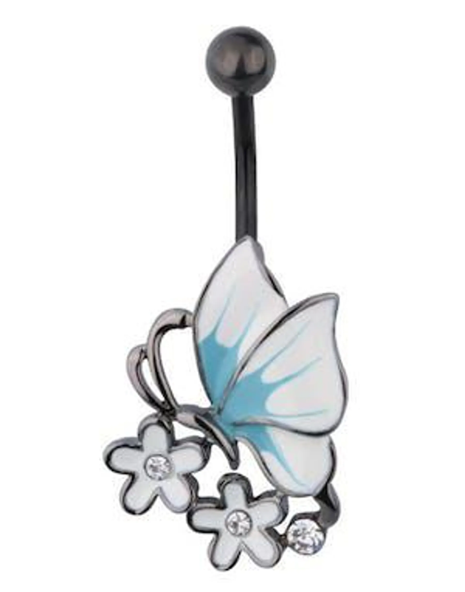 Bellypiercing with Butterfly on Flowers - Black/White/Blue