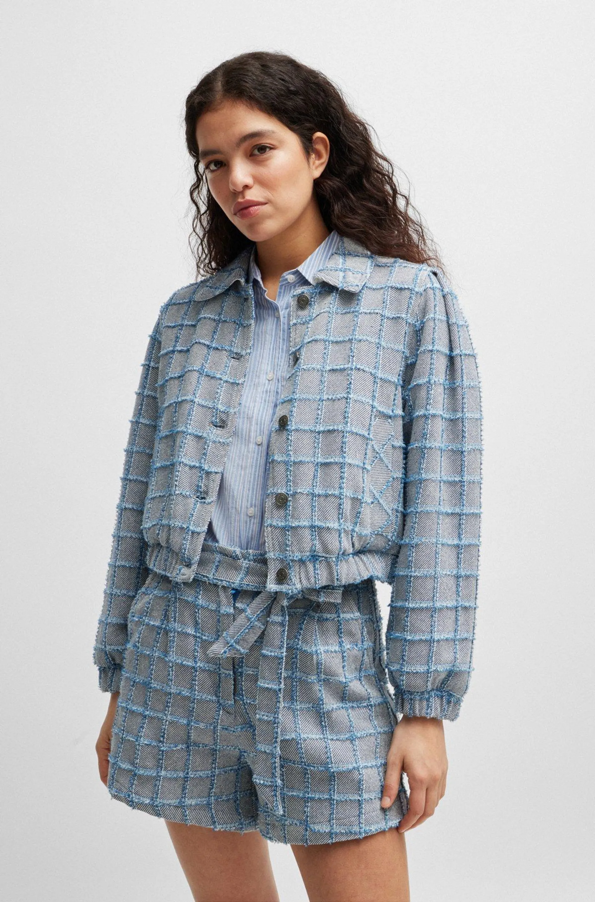 Cotton-blend tweed jacket with denim check