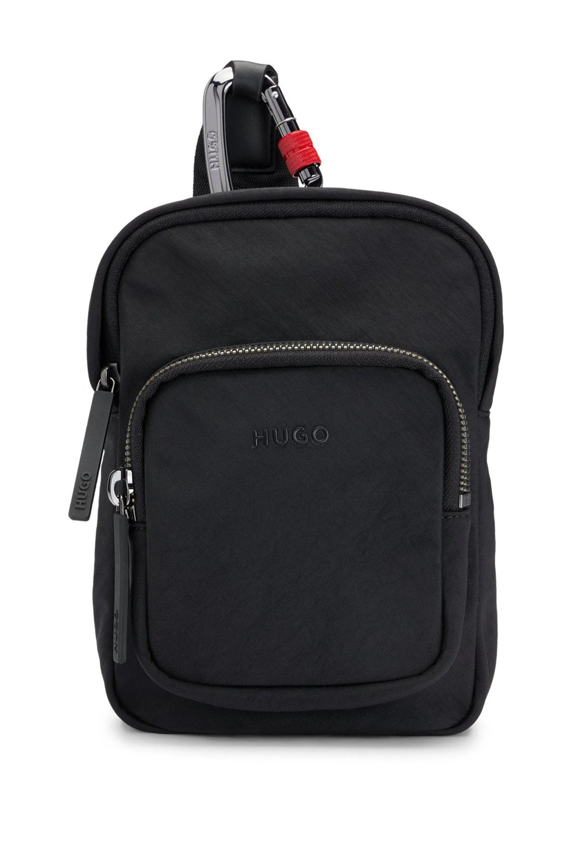 Reporter bag with carabiner hook and branded strap