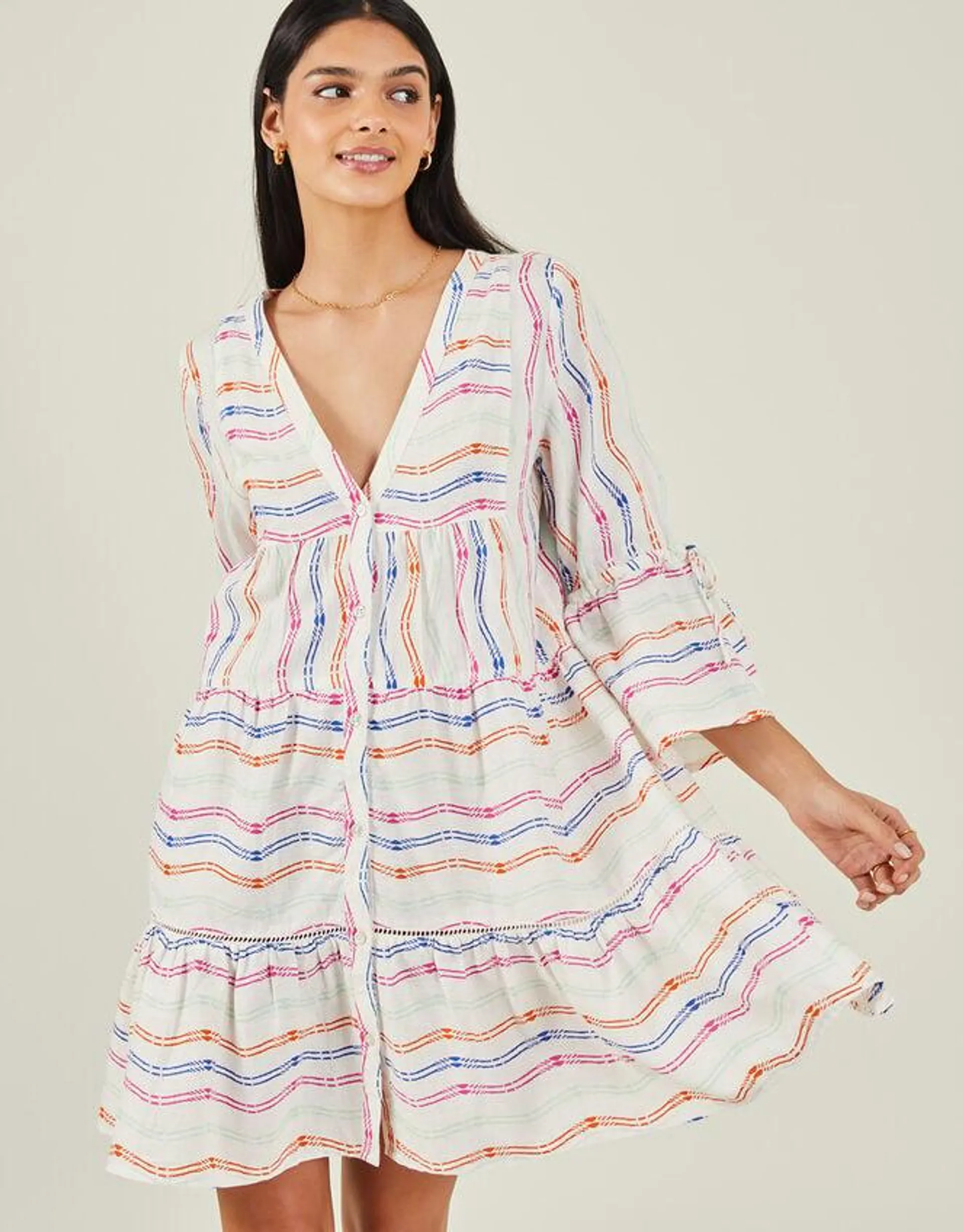 Stripe Flute Sleeve Dress White