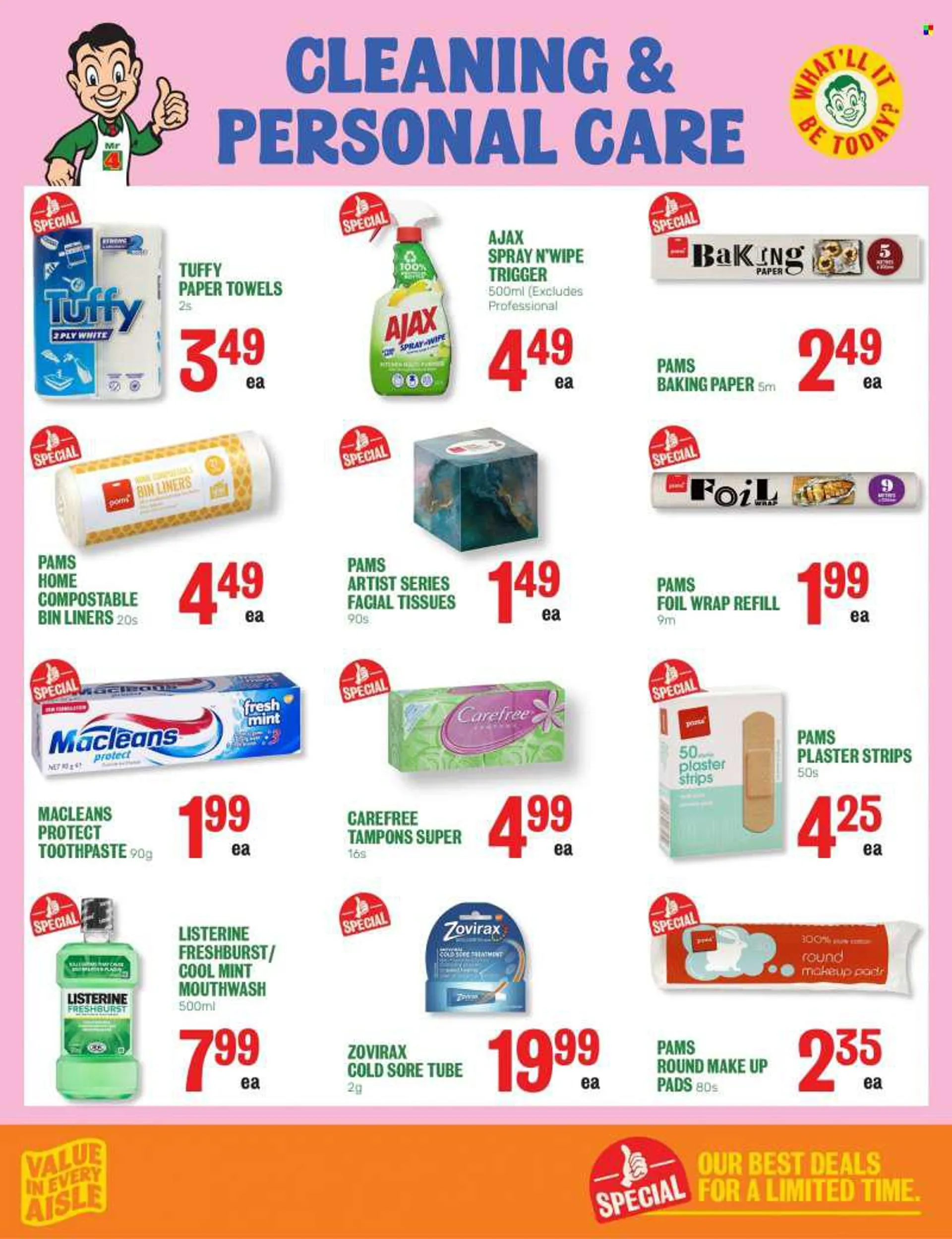 Four Square mailer - 15.08.2022 - 21.08.2022 - Sales products - strips, bicarbonate of soda, tissues, kitchen towels, paper towels, cleaner, Ajax, Listerine, toothpaste, mouthwash, Carefree, tampons, facial tissues, bin, baking paper, Tuffy. Page 11.