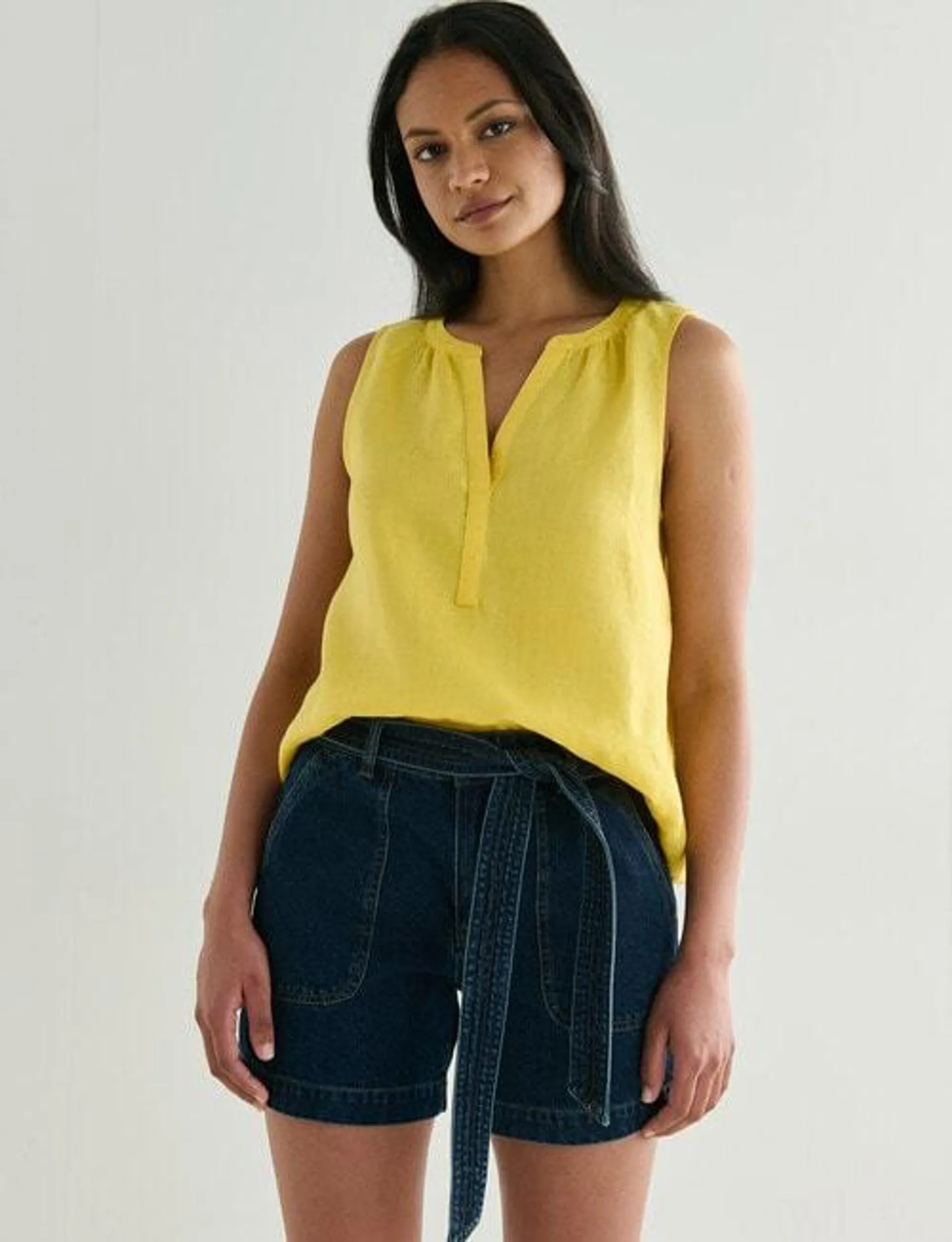 Zest Linen V Neck Tank, Yellow